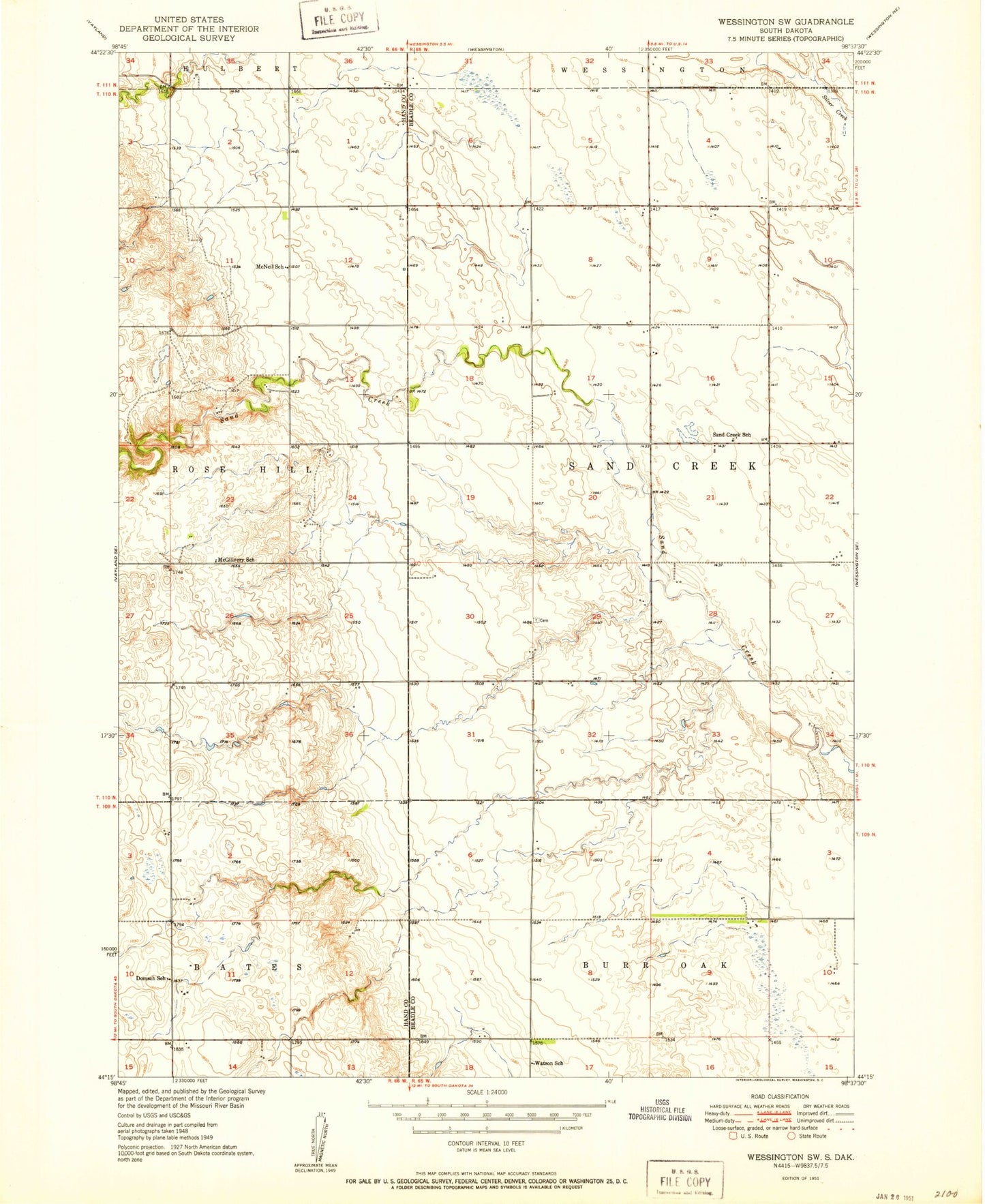 Classic USGS Wessington SW South Dakota 7.5'x7.5' Topo Map Image