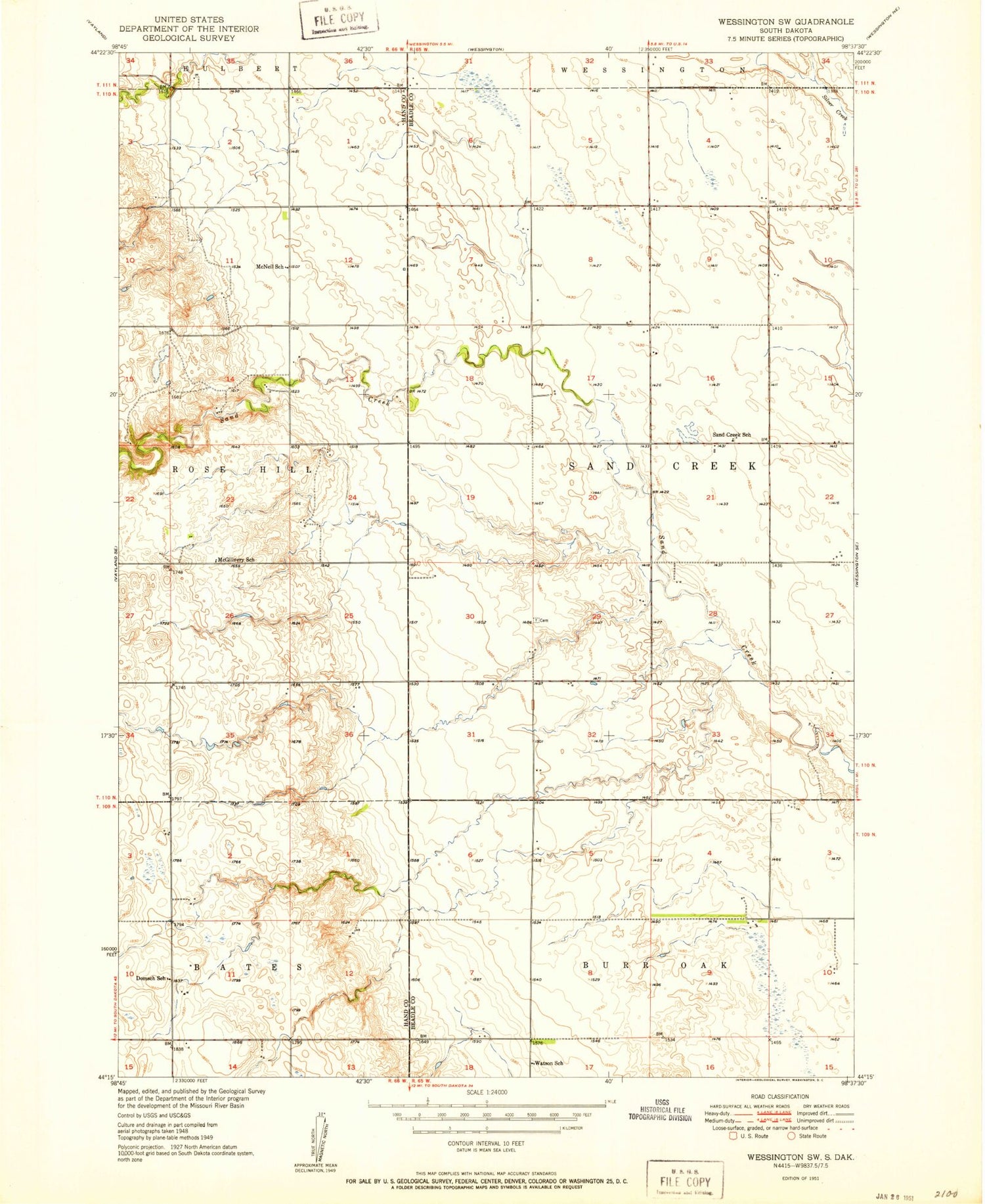 Classic USGS Wessington SW South Dakota 7.5'x7.5' Topo Map Image
