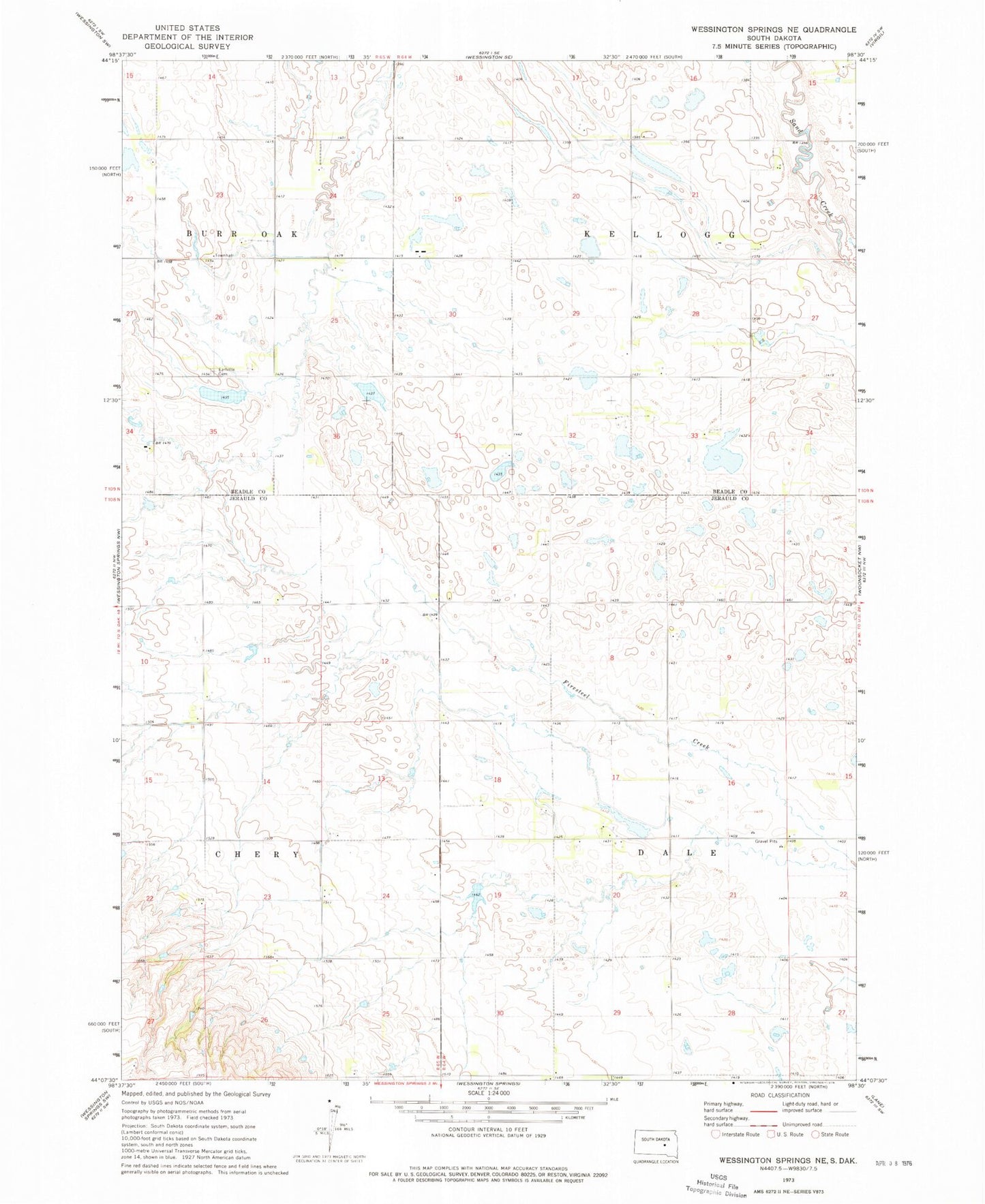 Classic USGS Wessington Springs NE South Dakota 7.5'x7.5' Topo Map Image