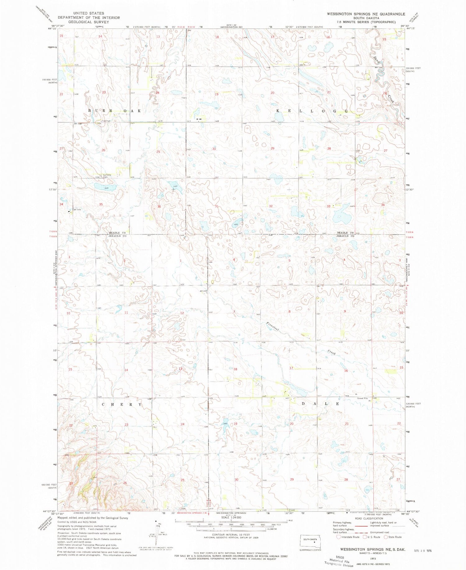 Classic USGS Wessington Springs NE South Dakota 7.5'x7.5' Topo Map Image
