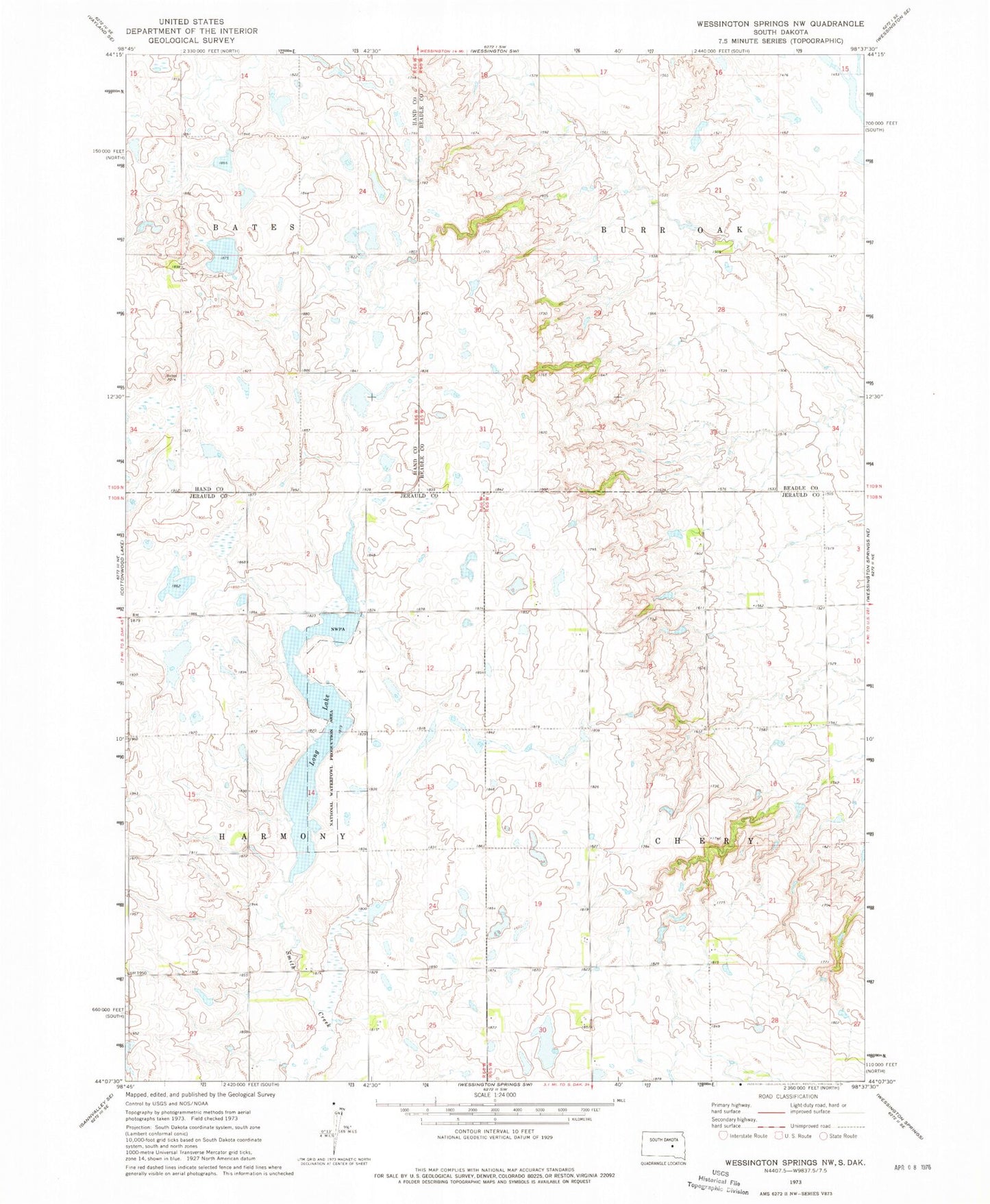 Classic USGS Wessington Springs NW South Dakota 7.5'x7.5' Topo Map Image