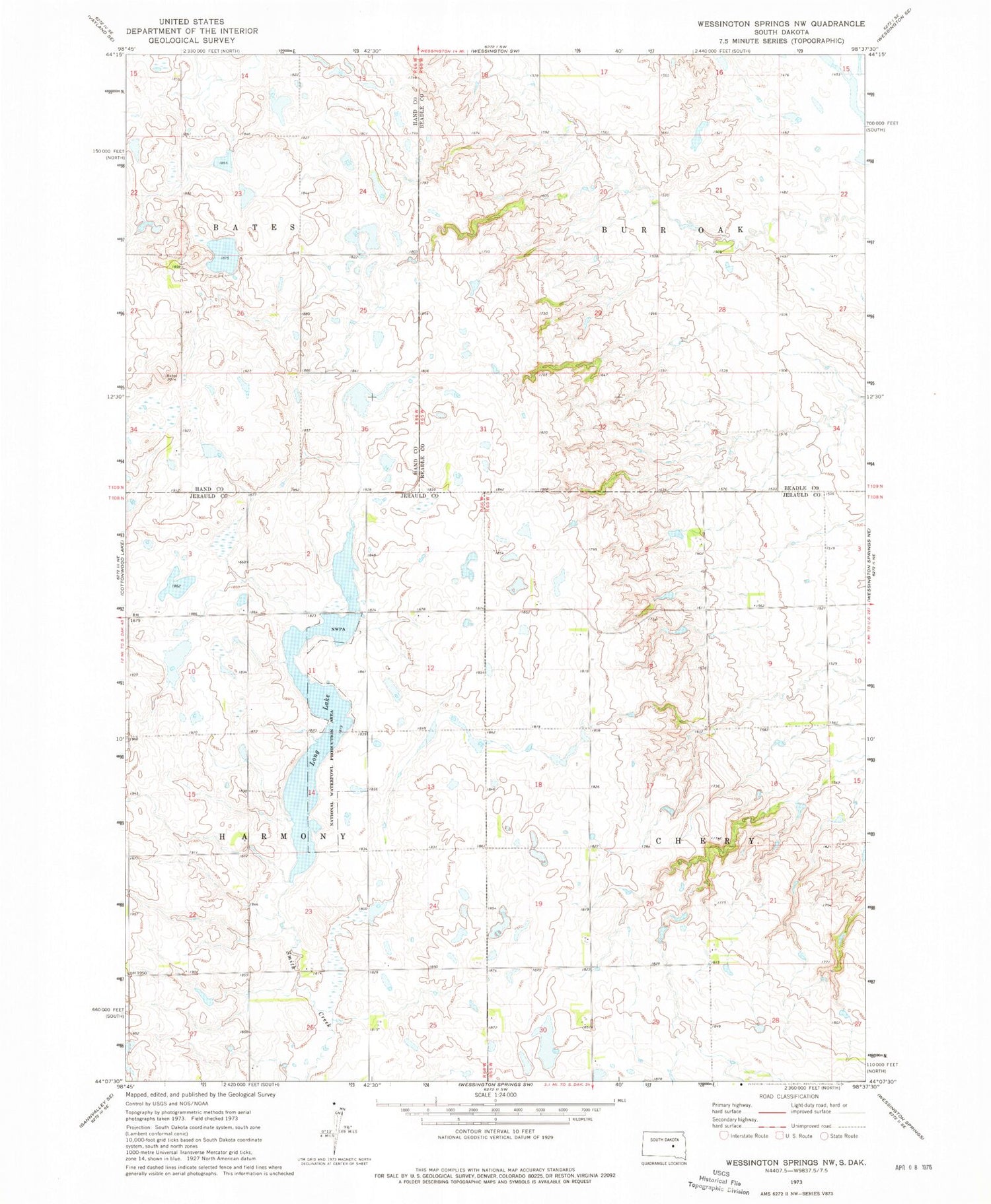 Classic USGS Wessington Springs NW South Dakota 7.5'x7.5' Topo Map Image