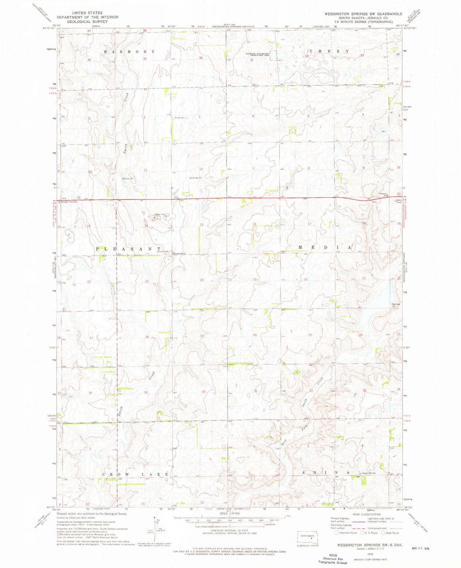 Classic USGS Wessington Springs SW South Dakota 7.5'x7.5' Topo Map Image