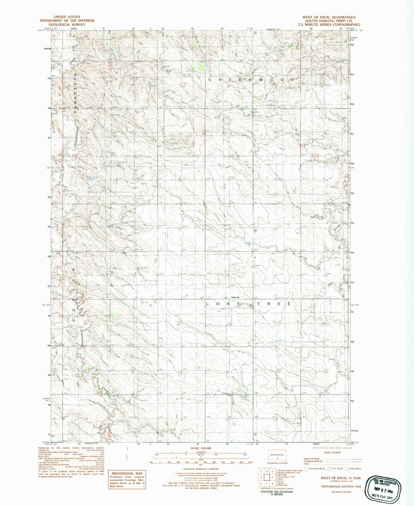 Classic USGS West of Ideal South Dakota 7.5'x7.5' Topo Map Image
