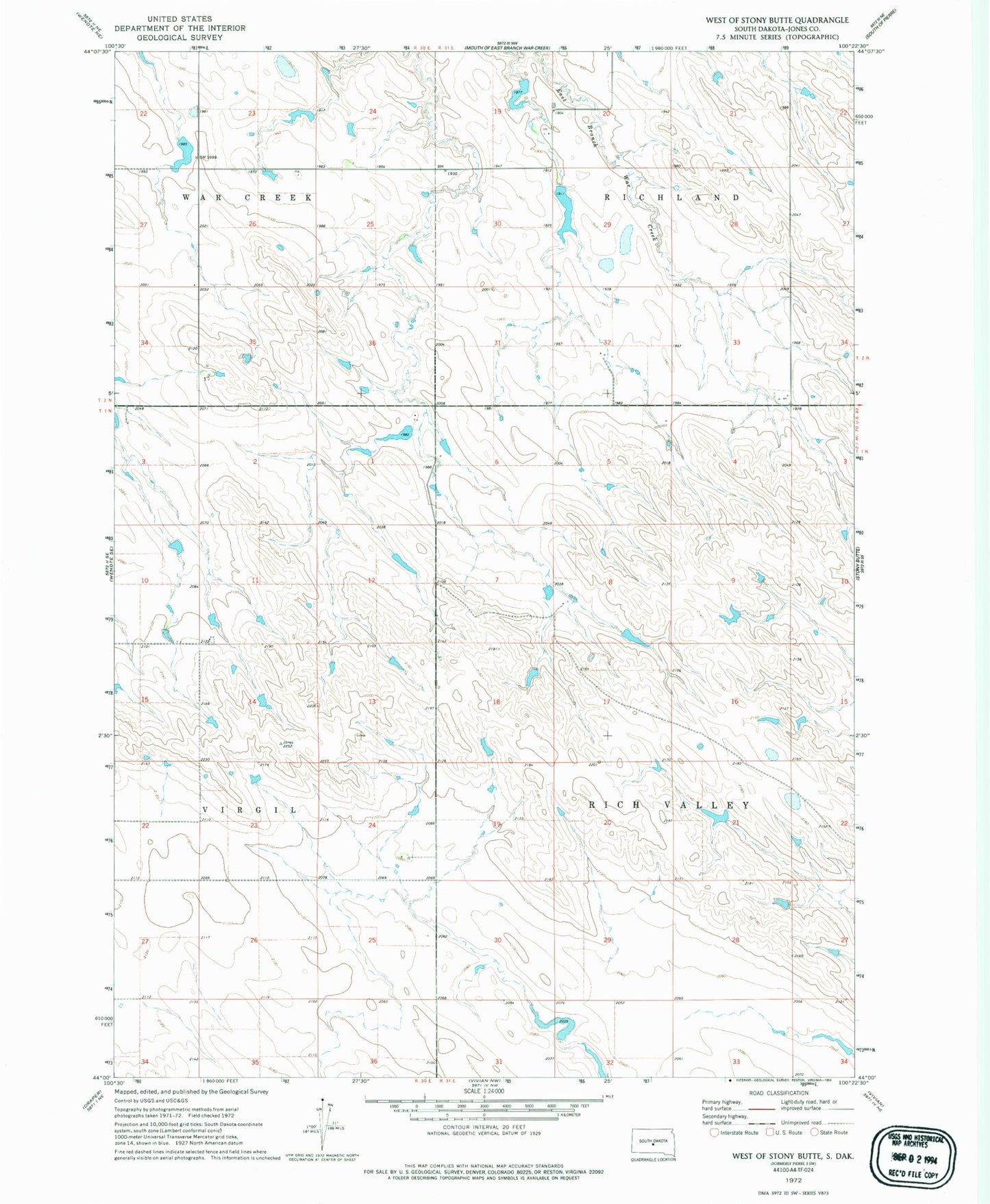 Classic USGS West of Stony Butte South Dakota 7.5'x7.5' Topo Map Image