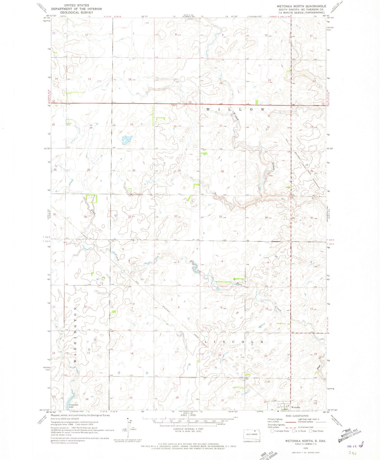 Classic USGS Wetonka North South Dakota 7.5'x7.5' Topo Map Image