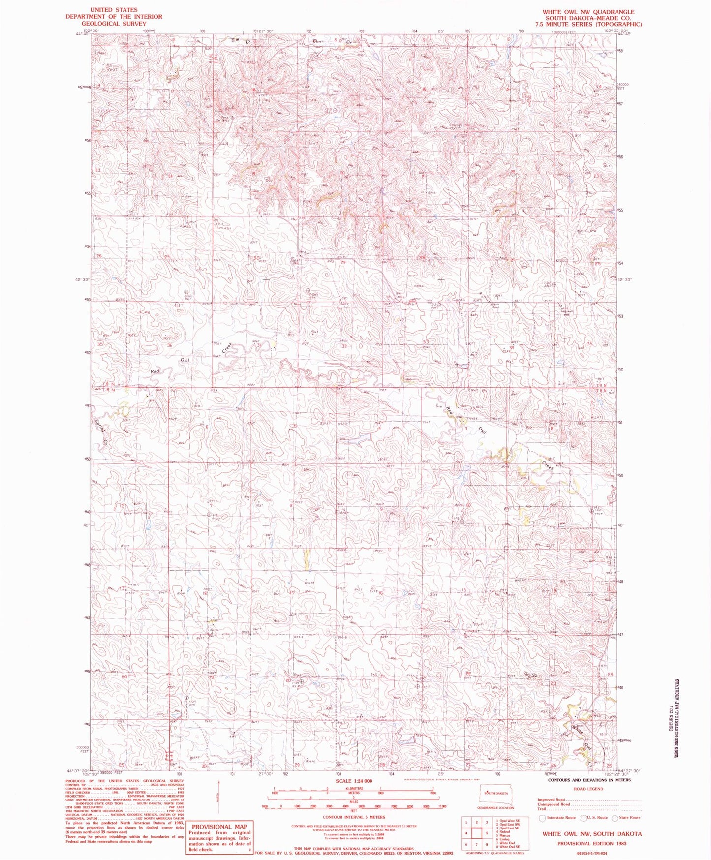 Classic USGS White Owl NW South Dakota 7.5'x7.5' Topo Map Image
