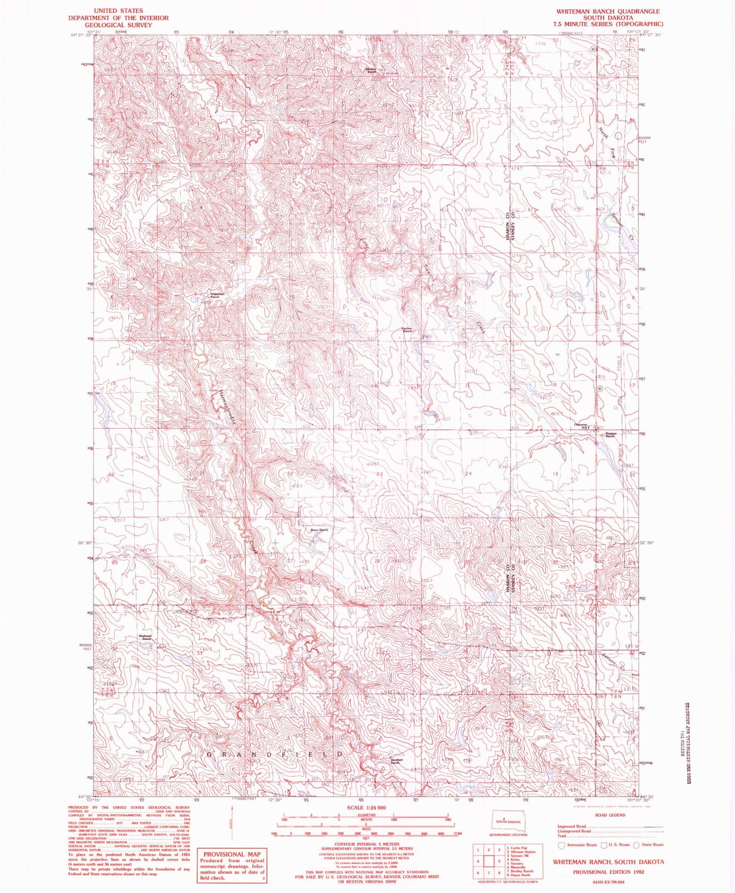 Classic USGS Whiteman Ranch South Dakota 7.5'x7.5' Topo Map Image