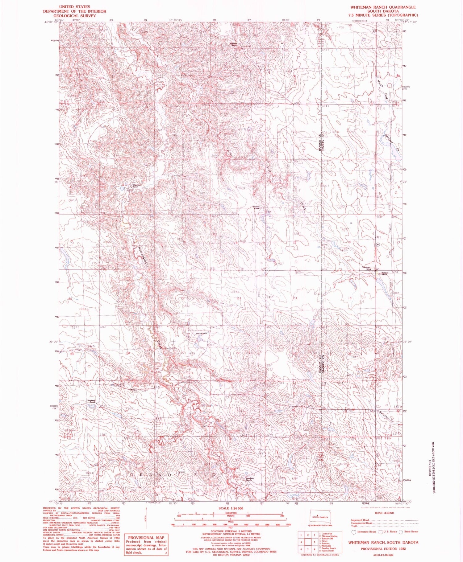 Classic USGS Whiteman Ranch South Dakota 7.5'x7.5' Topo Map Image