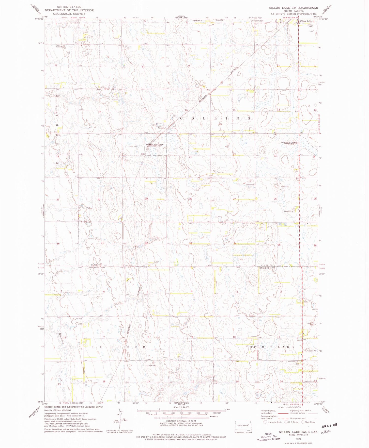 Classic USGS Willow Lake SW South Dakota 7.5'x7.5' Topo Map Image