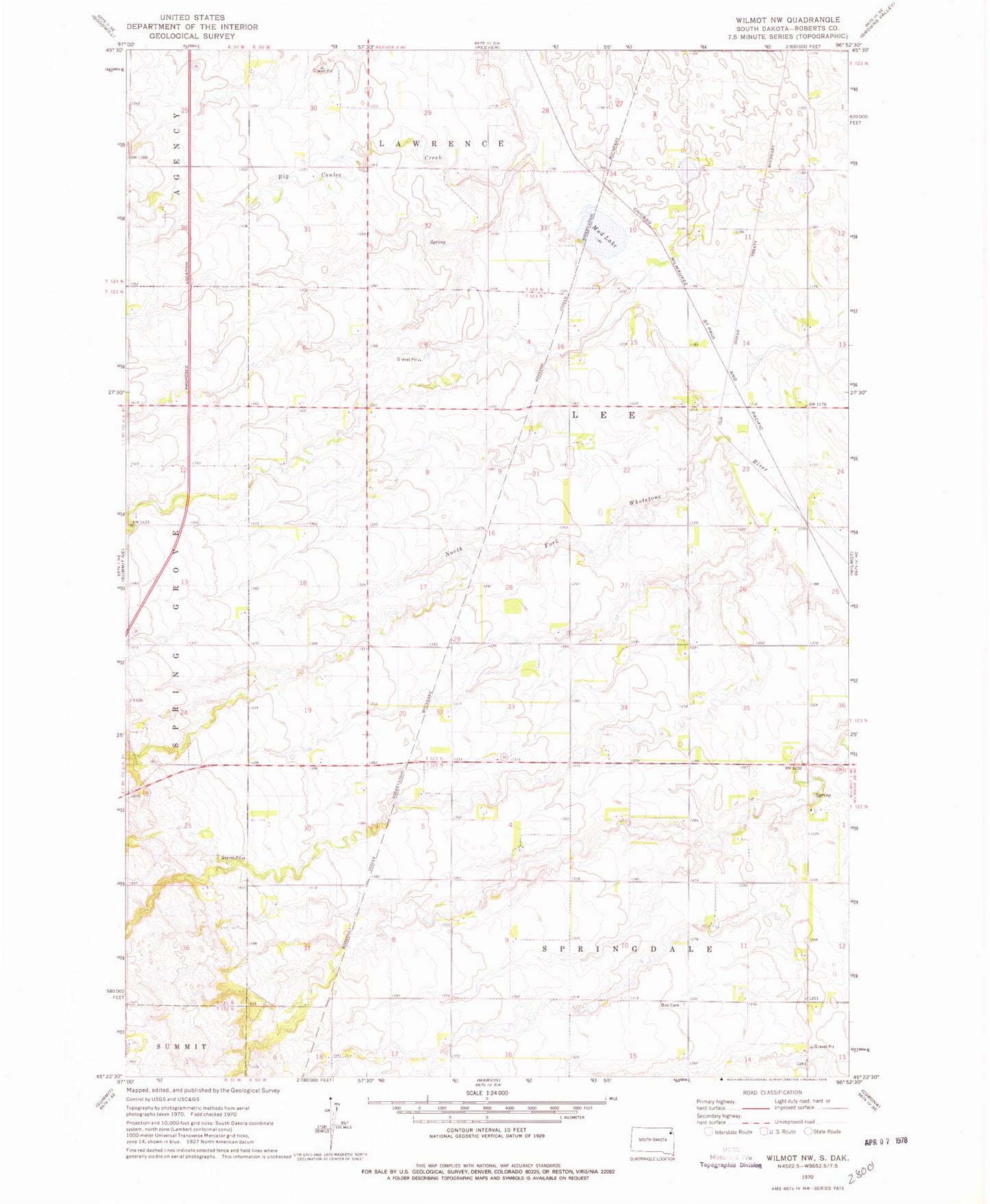 Classic USGS Wilmot NW South Dakota 7.5'x7.5' Topo Map Image