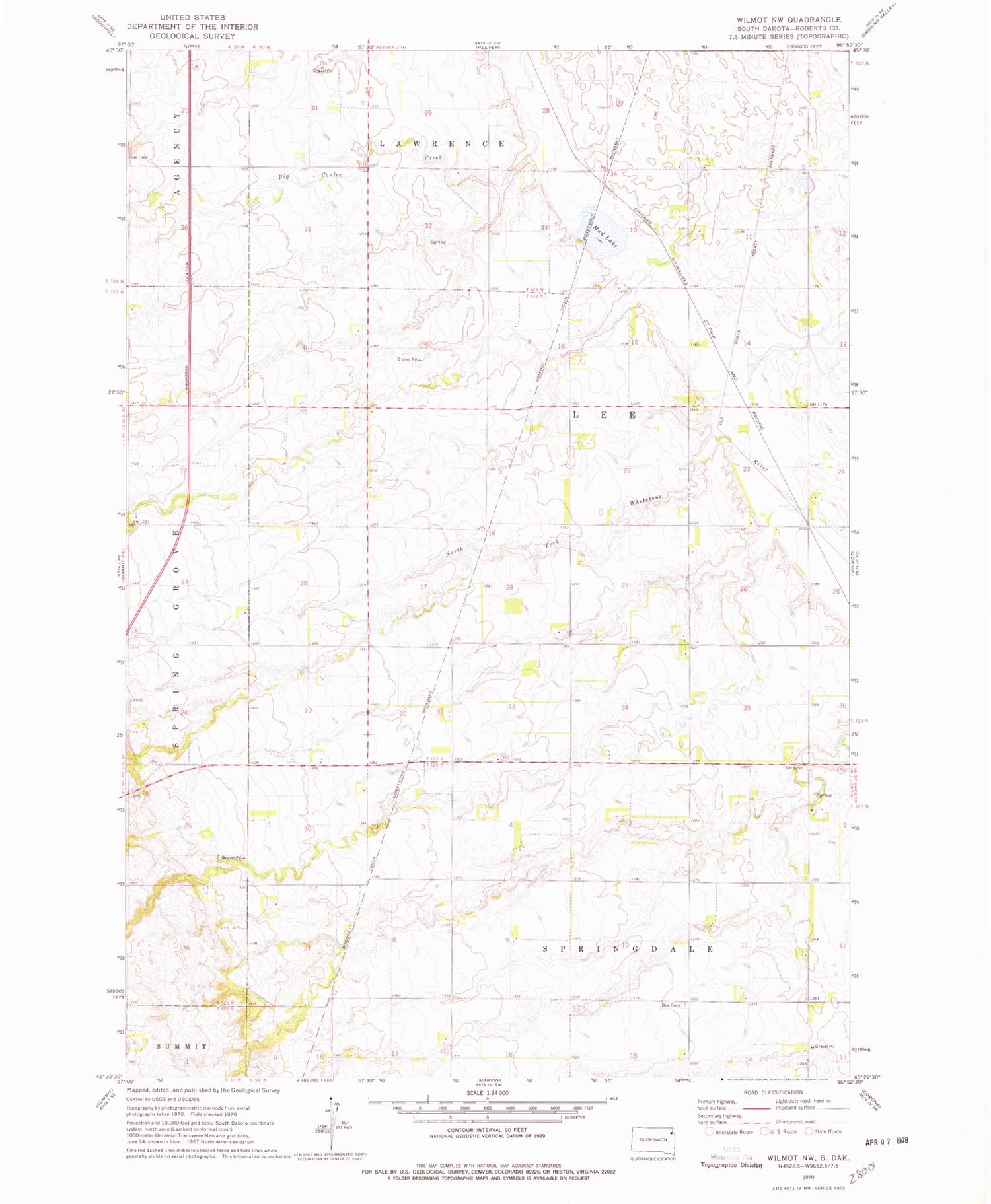 Classic USGS Wilmot NW South Dakota 7.5'x7.5' Topo Map Image