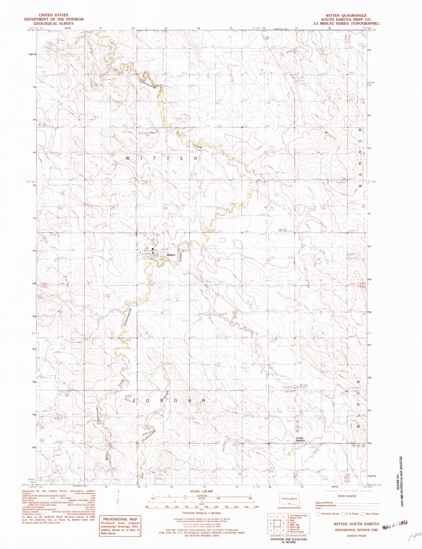 Classic USGS Witten South Dakota 7.5'x7.5' Topo Map Image