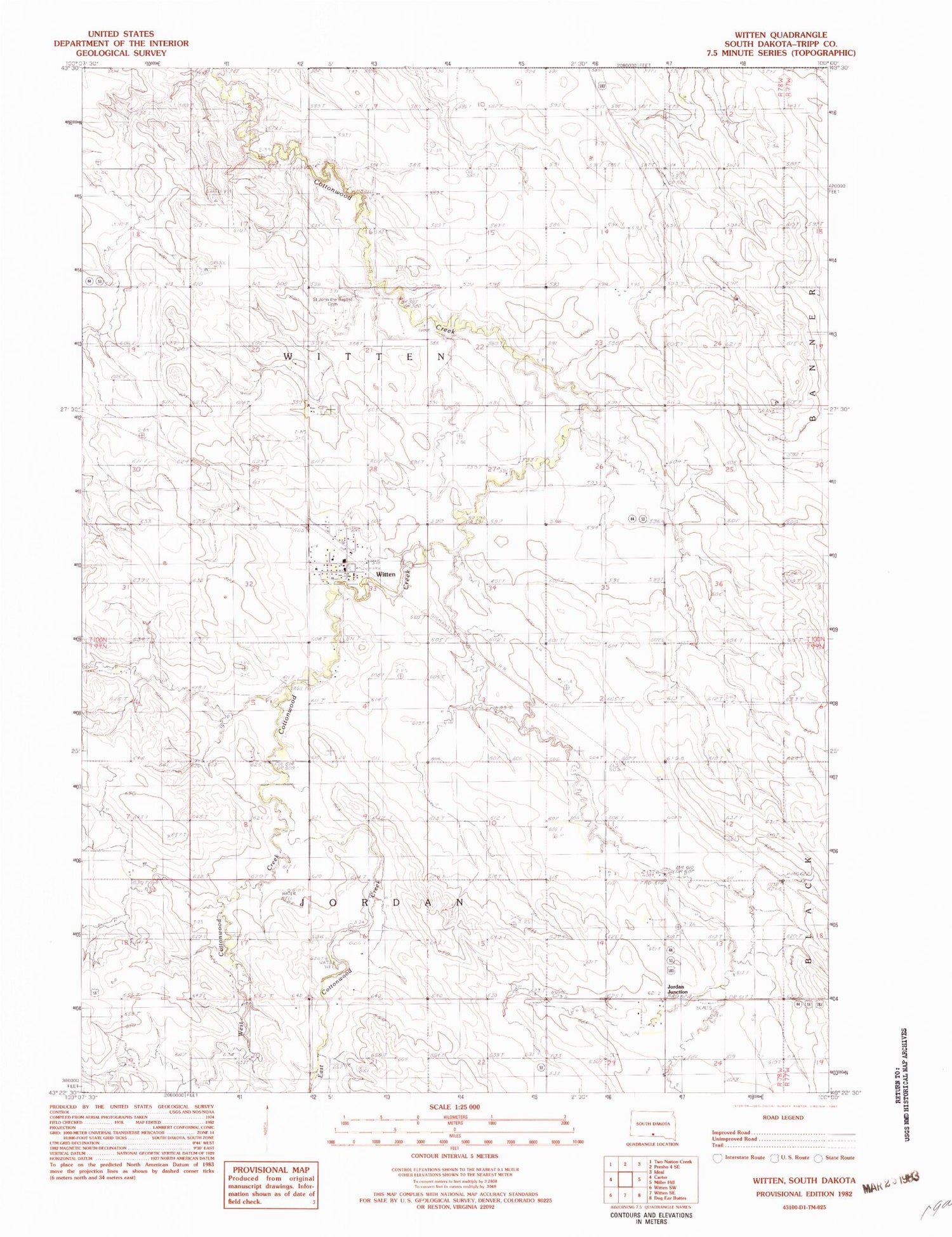 Classic USGS Witten South Dakota 7.5'x7.5' Topo Map Image