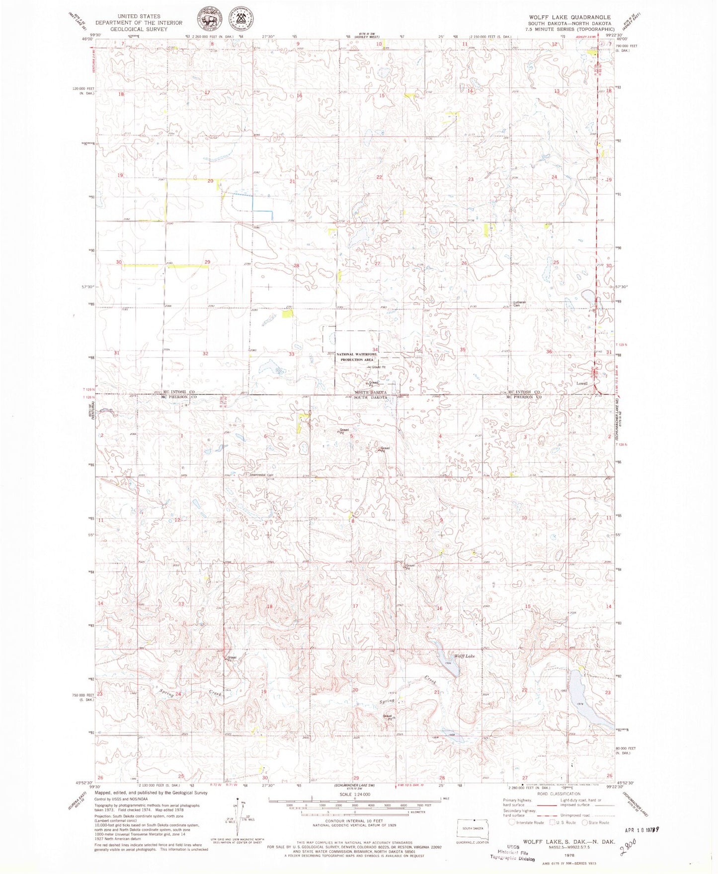 Classic USGS Wolff Lake South Dakota 7.5'x7.5' Topo Map Image