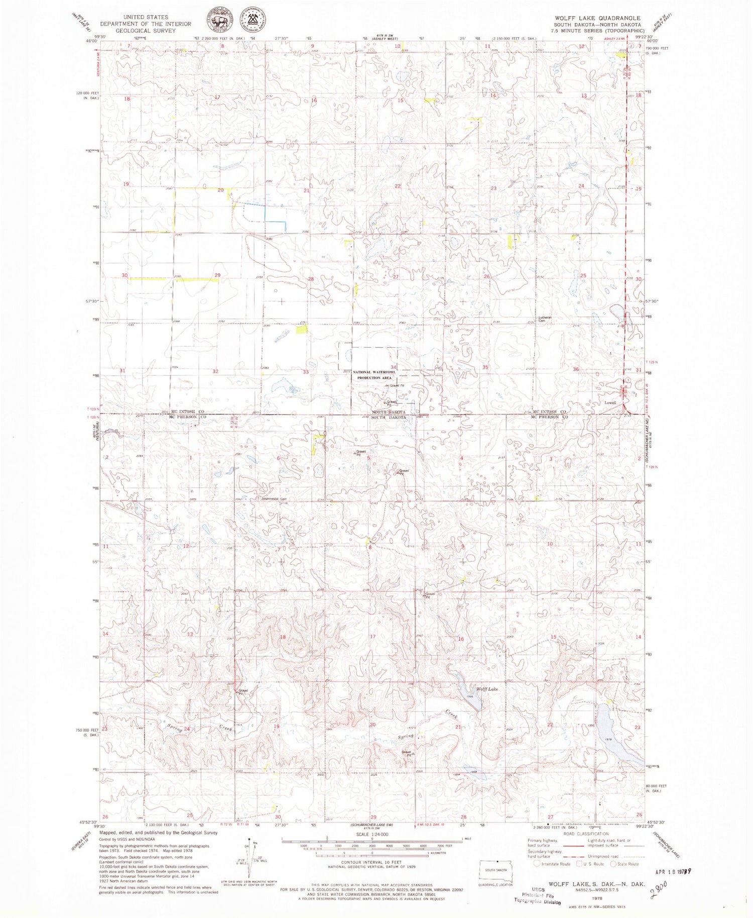 Classic USGS Wolff Lake South Dakota 7.5'x7.5' Topo Map Image