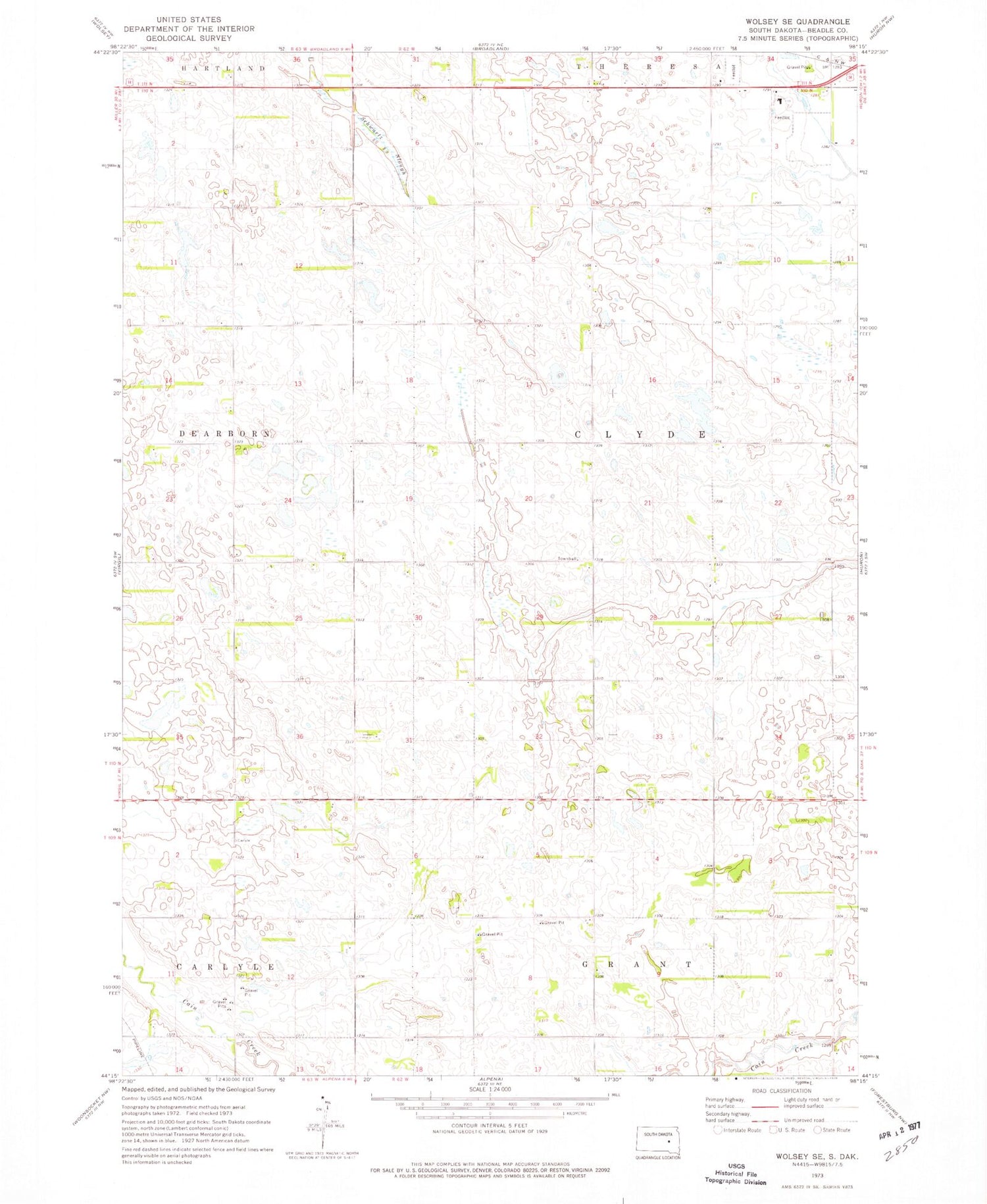 Classic USGS Wolsey SE South Dakota 7.5'x7.5' Topo Map Image
