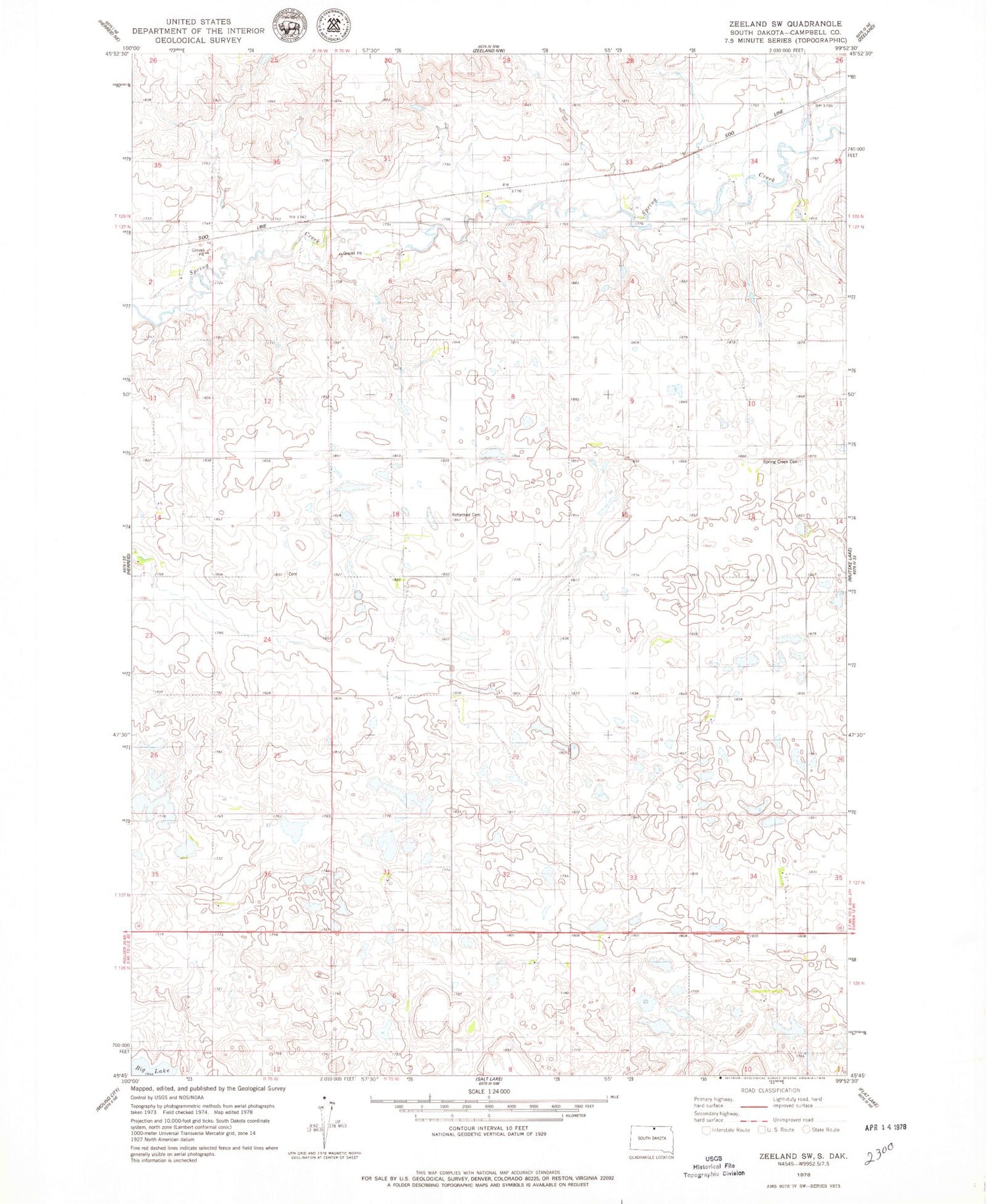 Classic USGS Zeeland SW South Dakota 7.5'x7.5' Topo Map Image