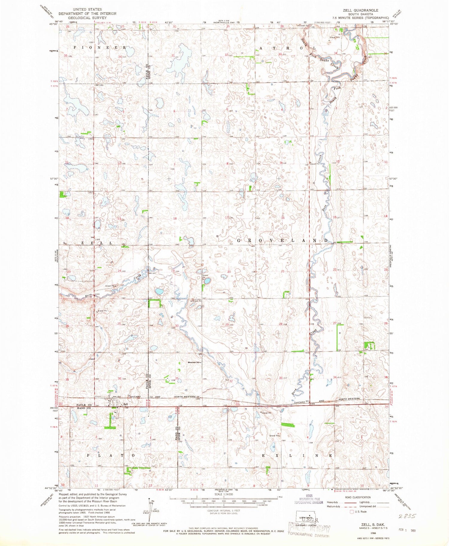 Classic USGS Zell South Dakota 7.5'x7.5' Topo Map Image