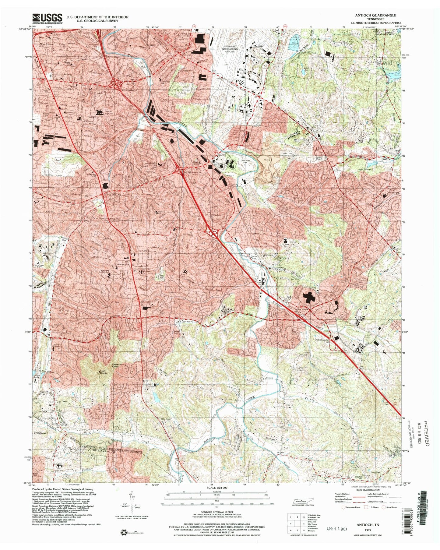 Classic USGS Antioch Tennessee 7.5'x7.5' Topo Map Image