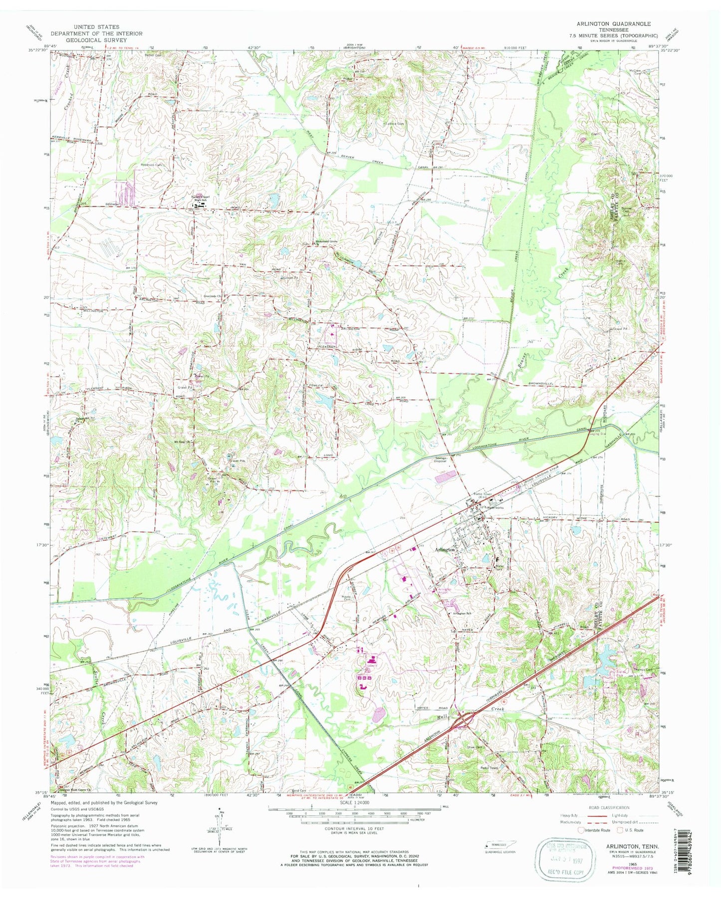 Classic USGS Arlington Tennessee 7.5'x7.5' Topo Map Image