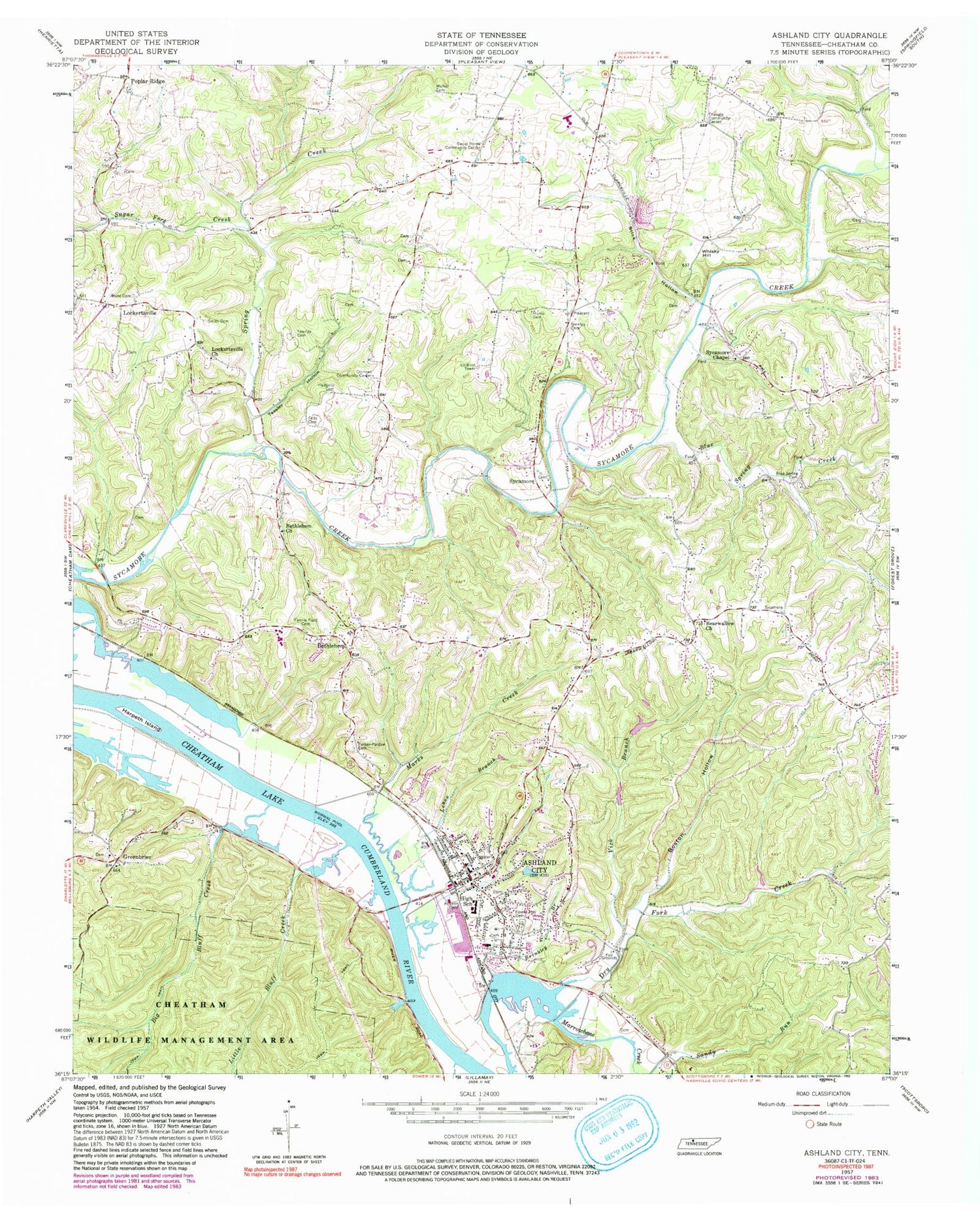 Classic USGS Ashland City Tennessee 7.5'x7.5' Topo Map Image