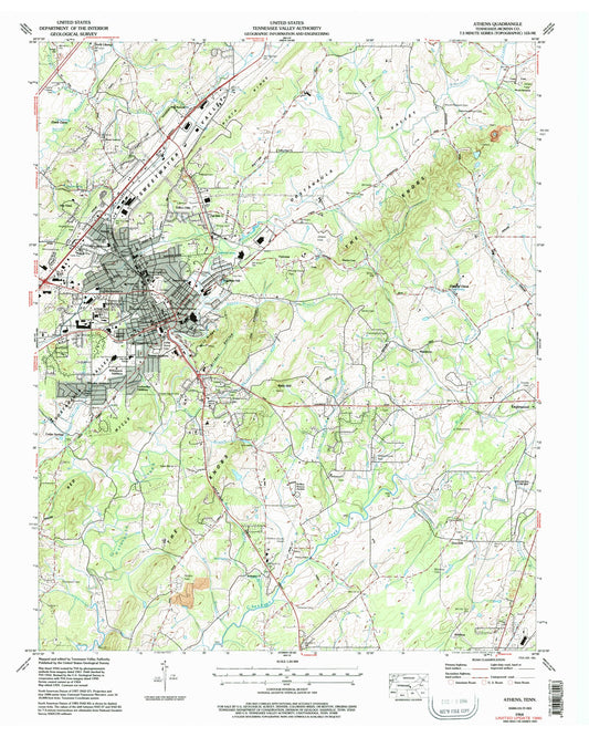 Classic USGS Athens Tennessee 7.5'x7.5' Topo Map Image