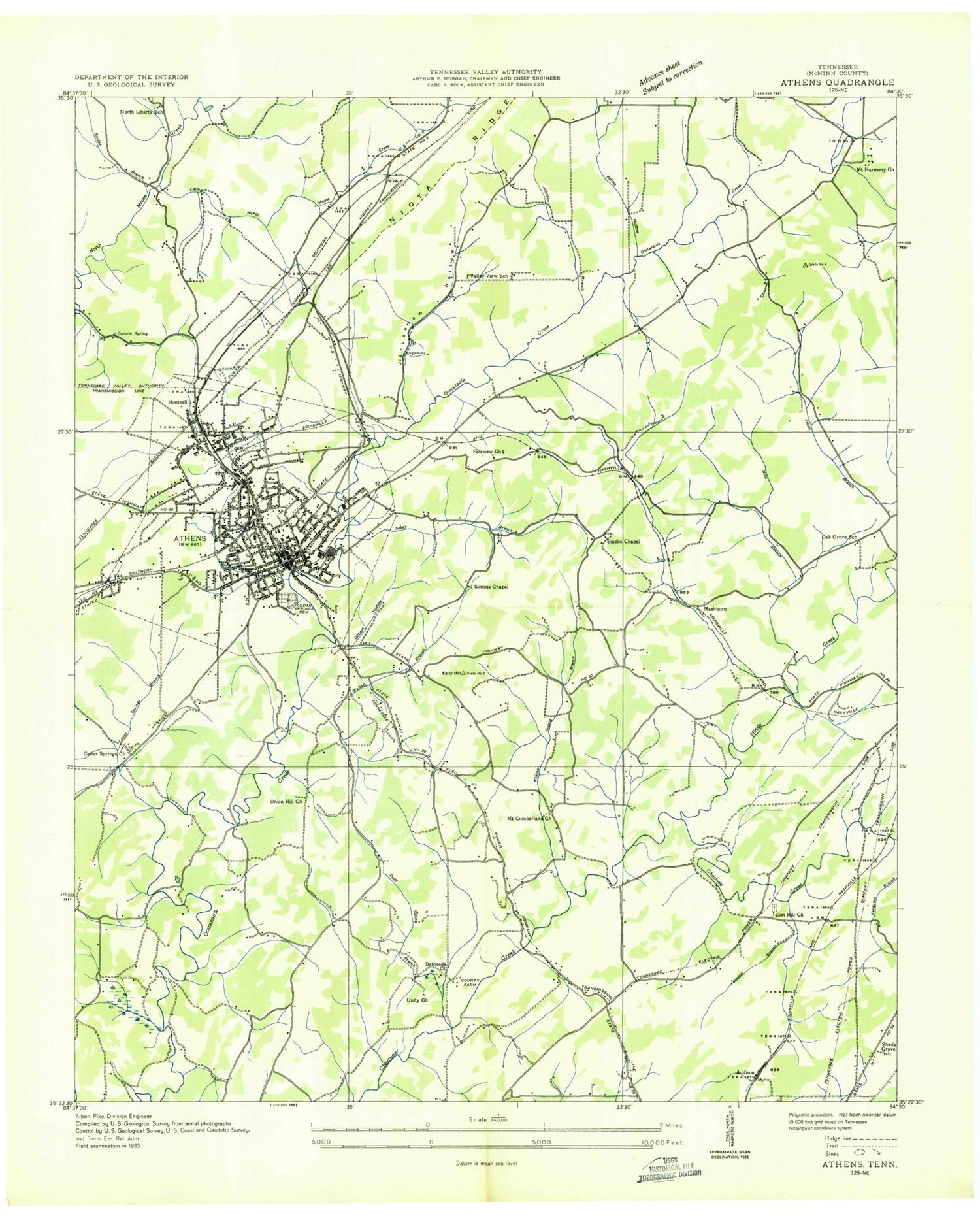 Classic USGS Athens Tennessee 7.5'x7.5' Topo Map Image