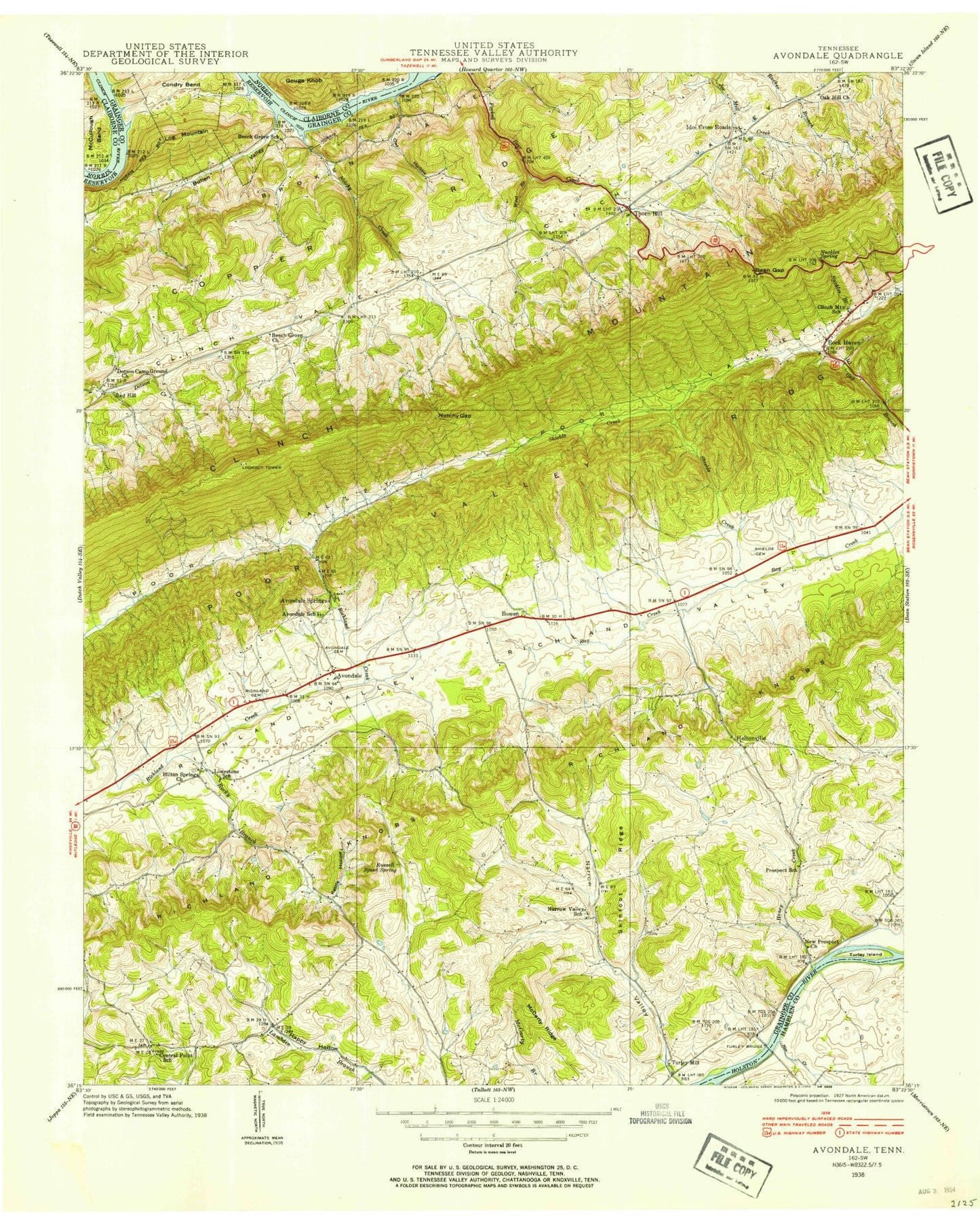 Classic USGS Avondale Tennessee 7.5'x7.5' Topo Map Image