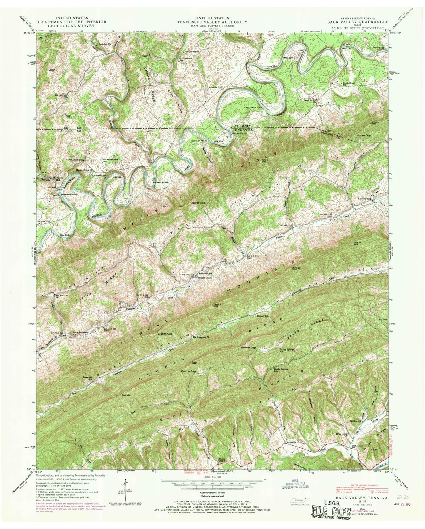 Classic USGS Back Valley Tennessee 7.5'x7.5' Topo Map Image