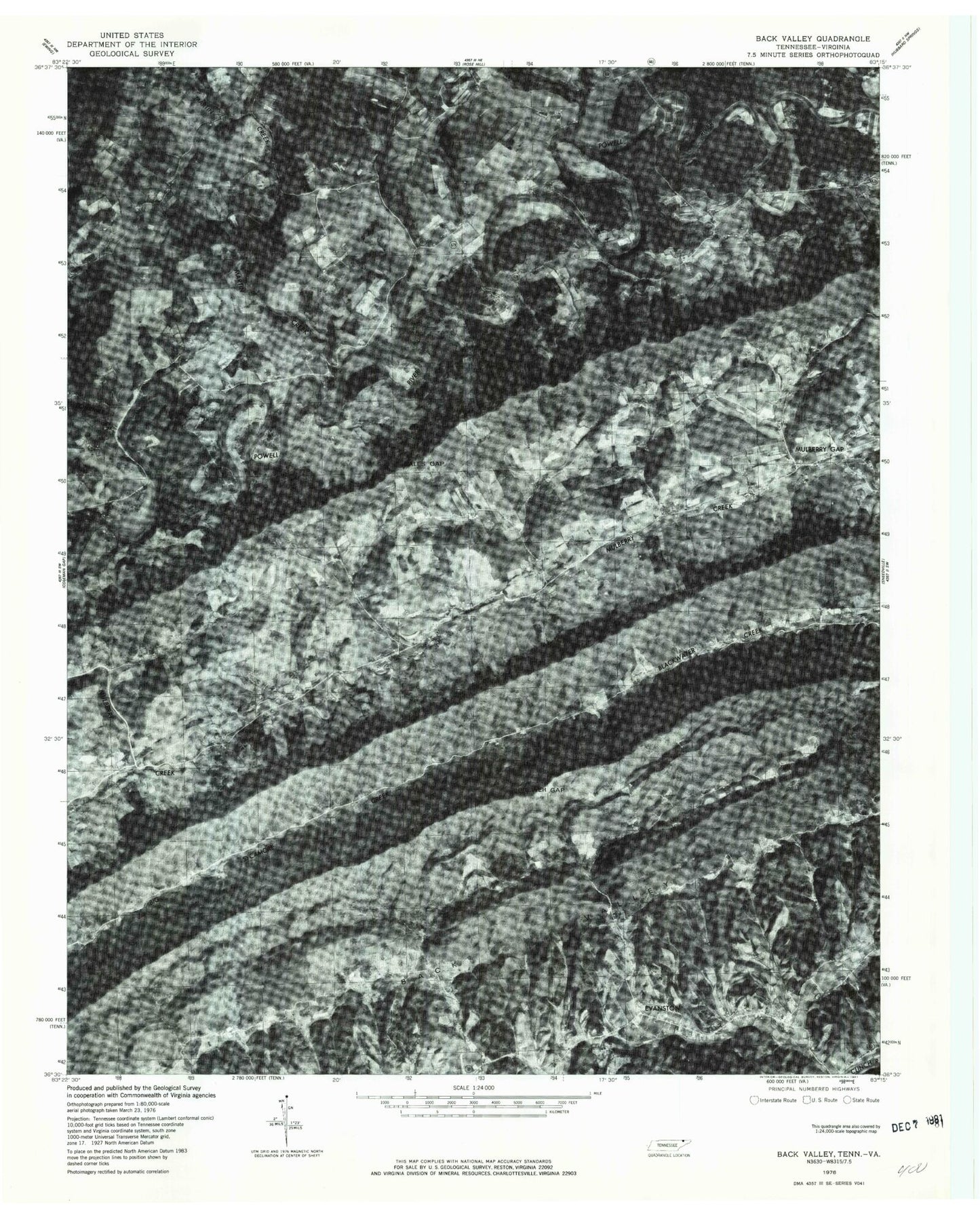 Classic USGS Back Valley Tennessee 7.5'x7.5' Topo Map Image