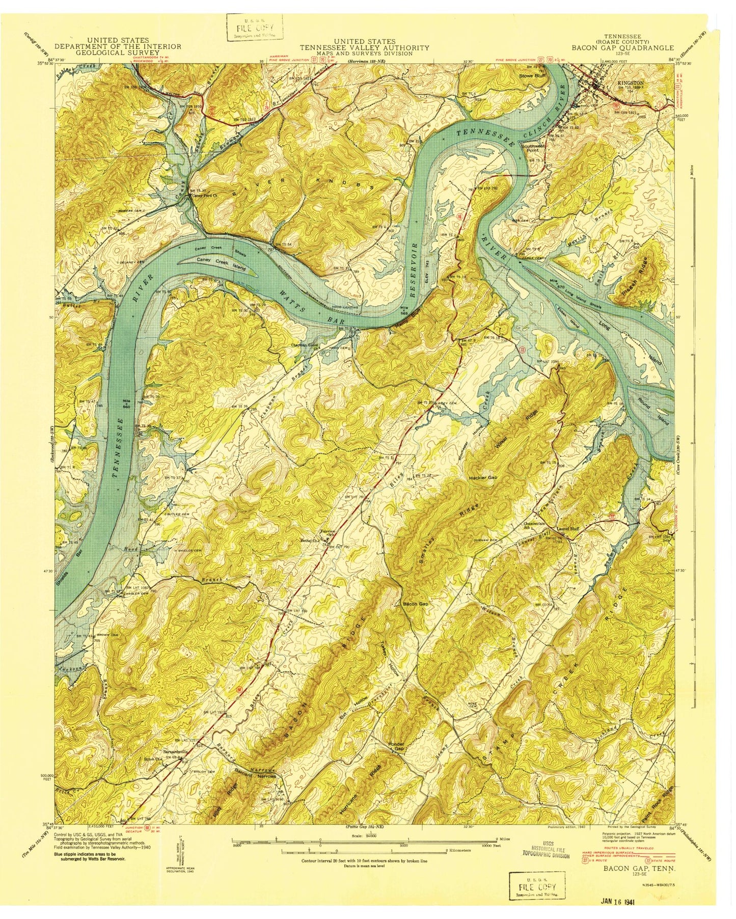 Classic USGS Bacon Gap Tennessee 7.5'x7.5' Topo Map Image