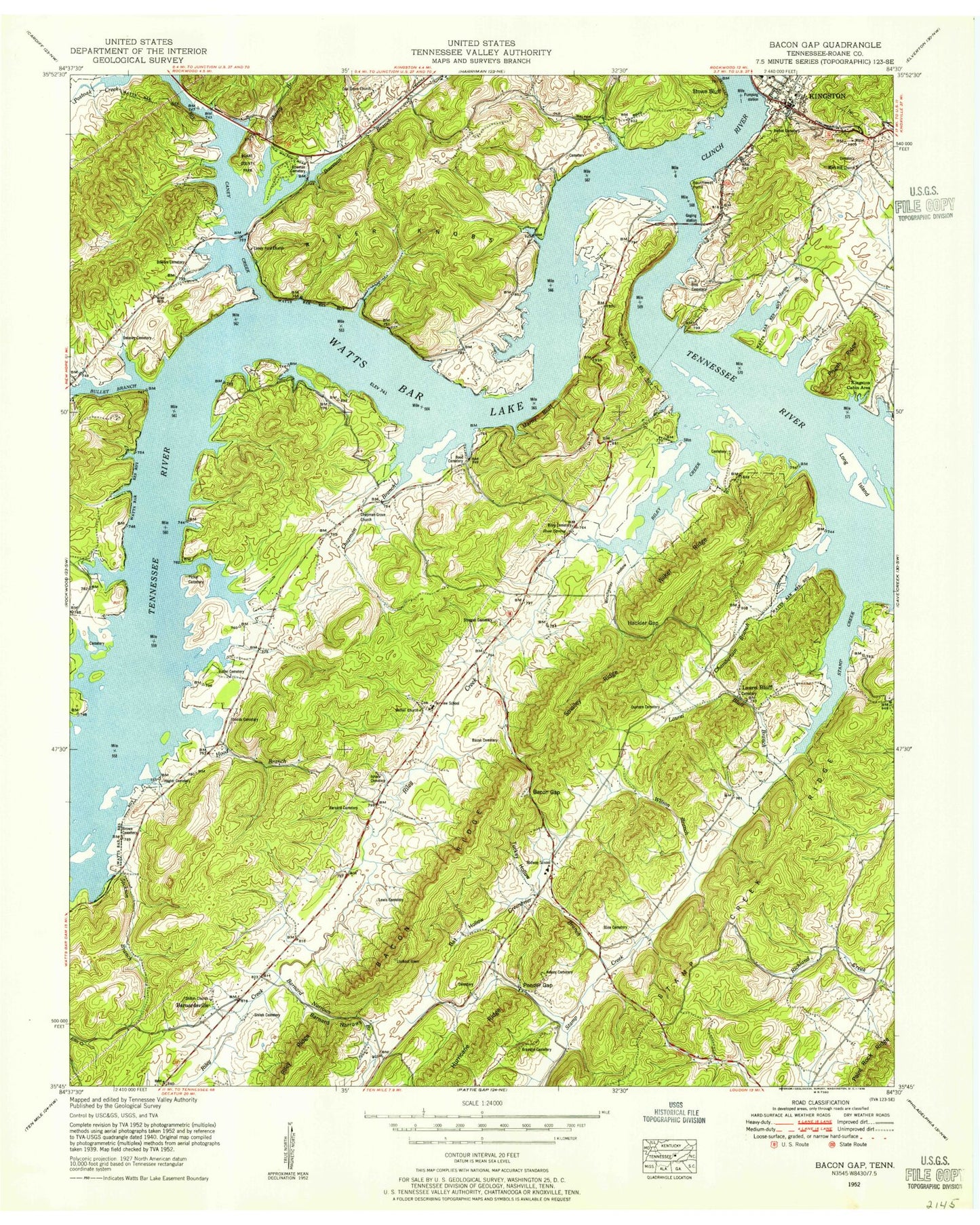 Classic USGS Bacon Gap Tennessee 7.5'x7.5' Topo Map Image
