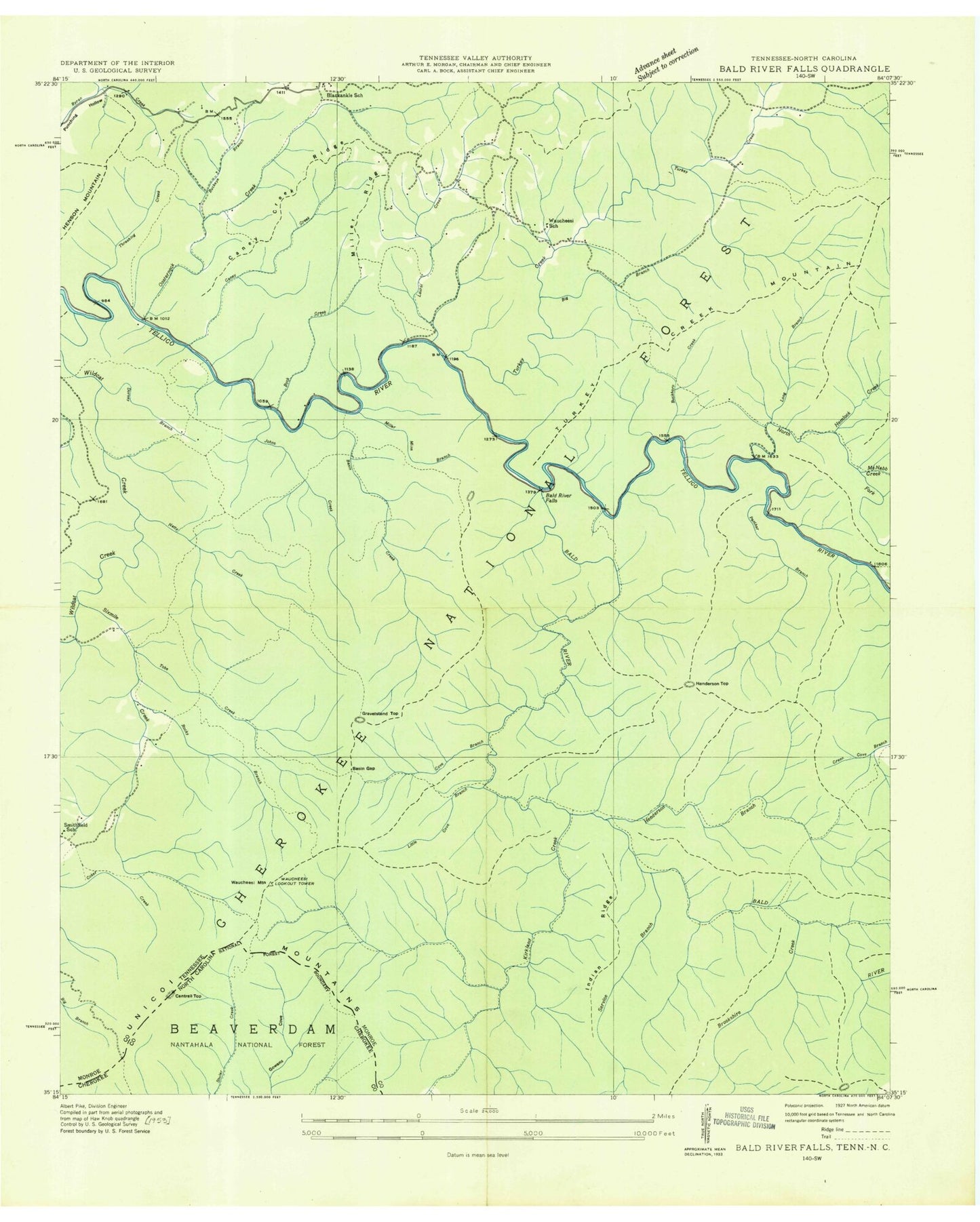 Classic USGS Bald River Falls Tennessee 7.5'x7.5' Topo Map Image