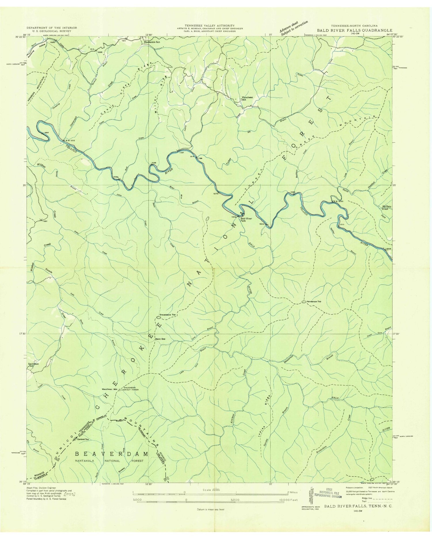 Classic USGS Bald River Falls Tennessee 7.5'x7.5' Topo Map Image