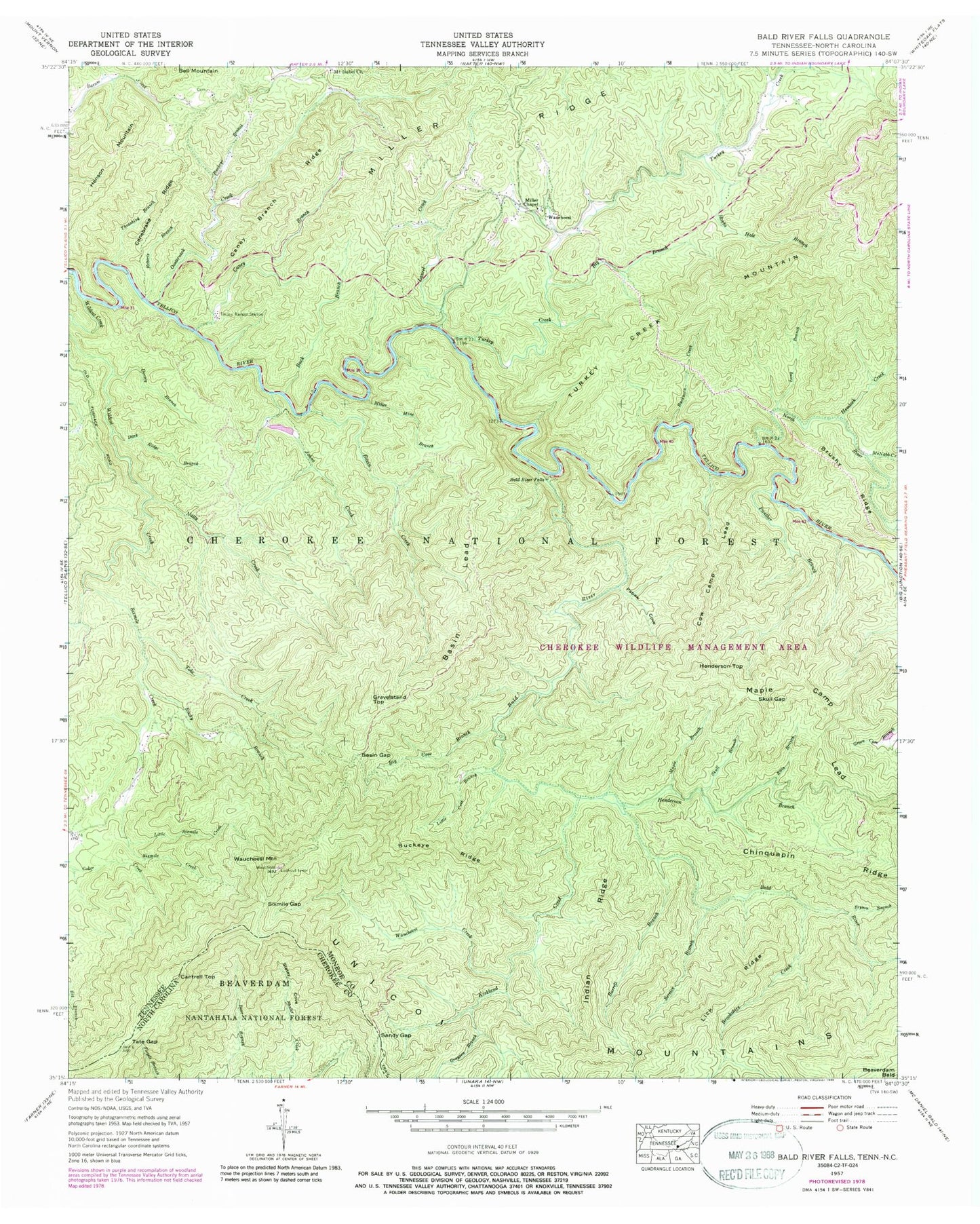 Classic USGS Bald River Falls Tennessee 7.5'x7.5' Topo Map Image