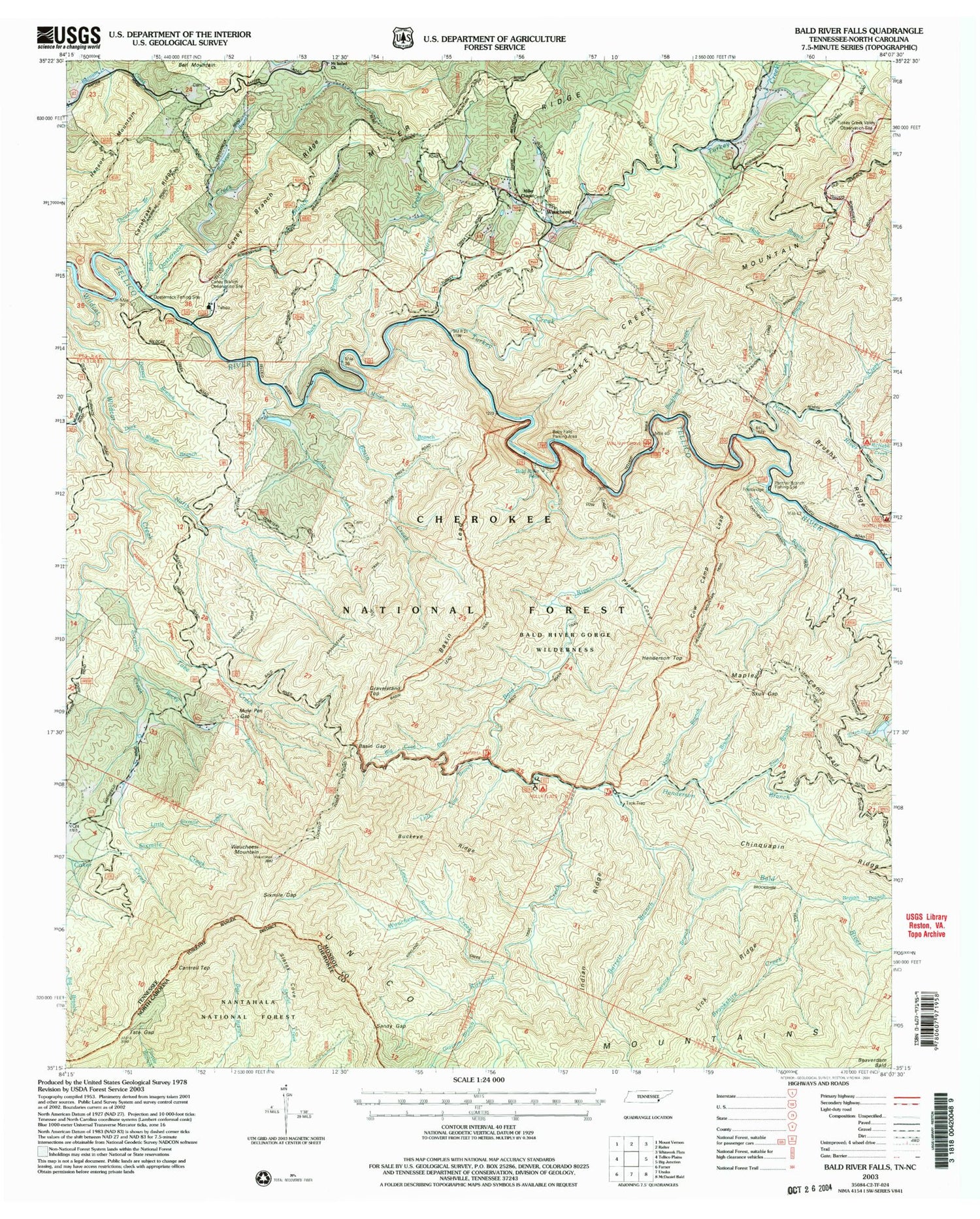 Classic USGS Bald River Falls Tennessee 7.5'x7.5' Topo Map Image