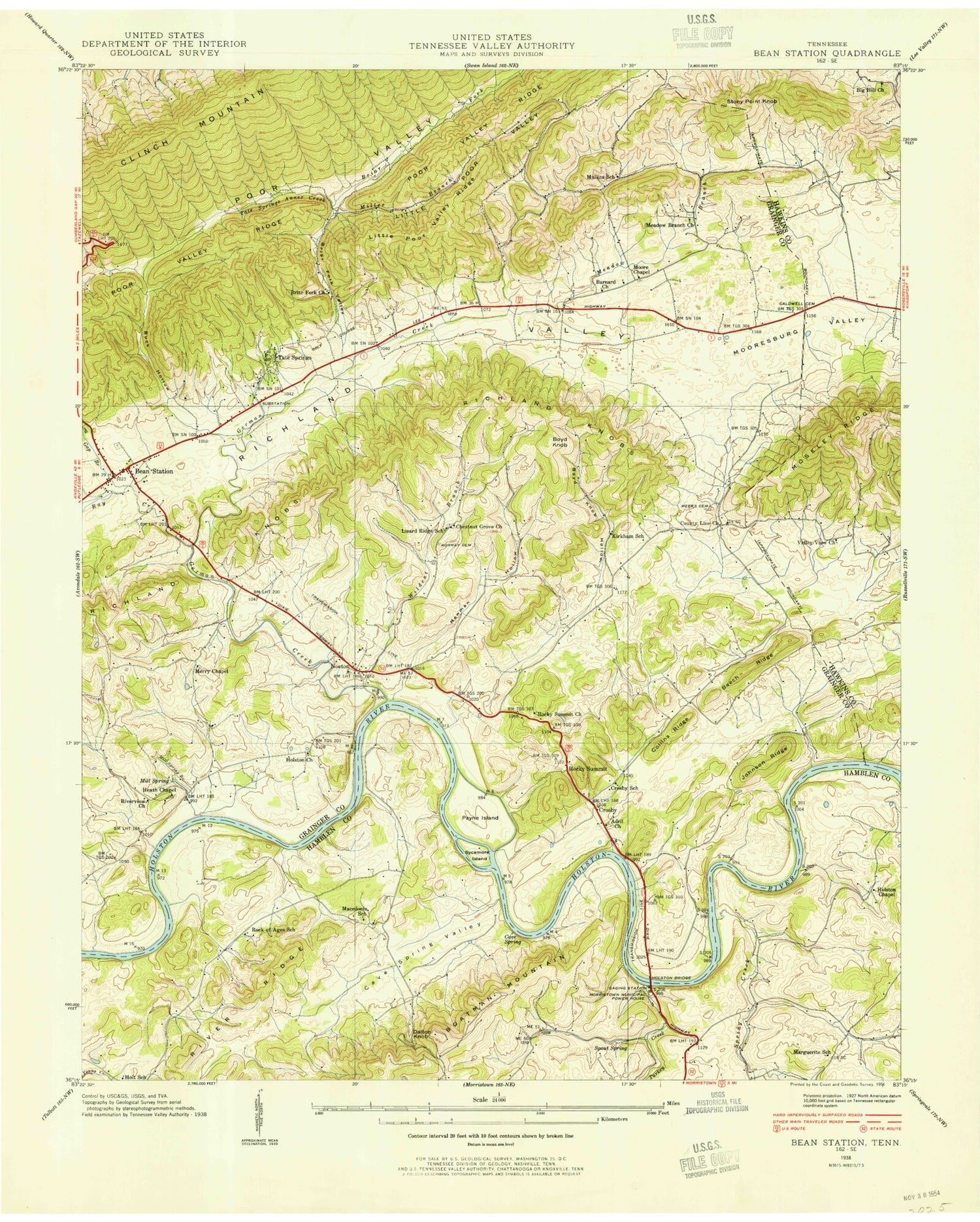 Classic USGS Bean Station Tennessee 7.5'x7.5' Topo Map Image