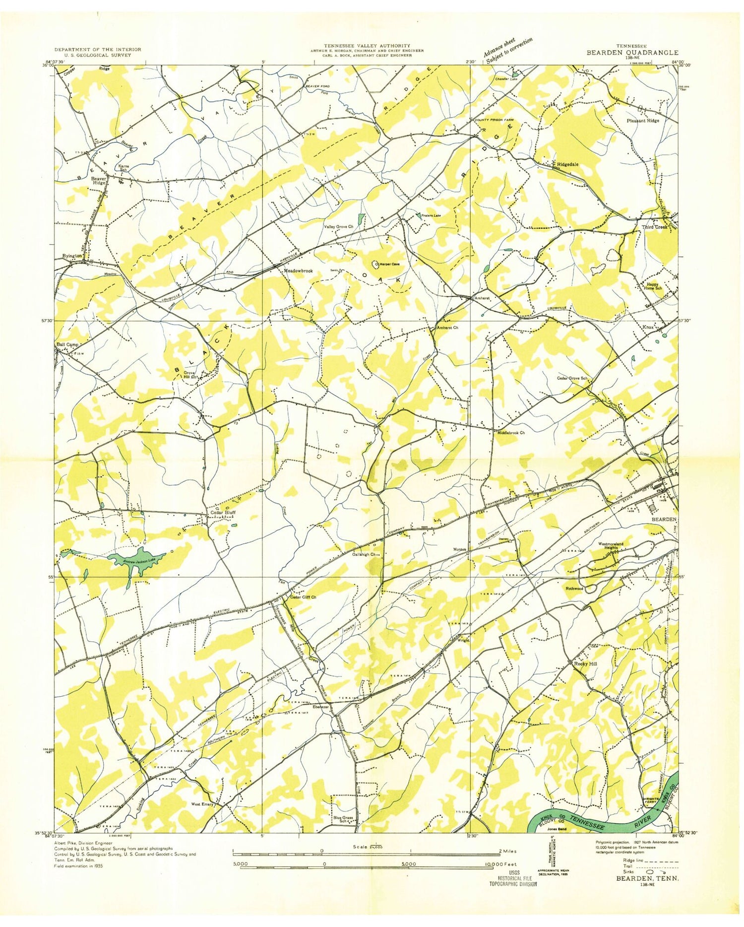 Classic USGS Bearden Tennessee 7.5'x7.5' Topo Map Image