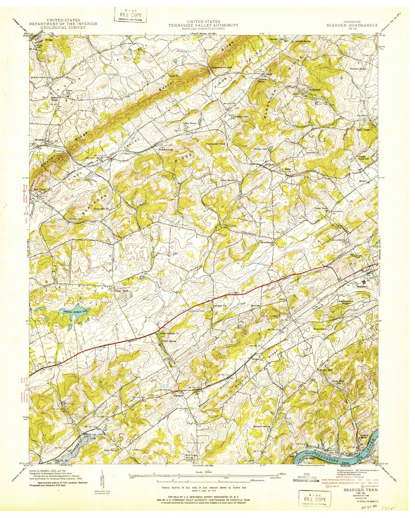 Classic USGS Bearden Tennessee 7.5'x7.5' Topo Map Image
