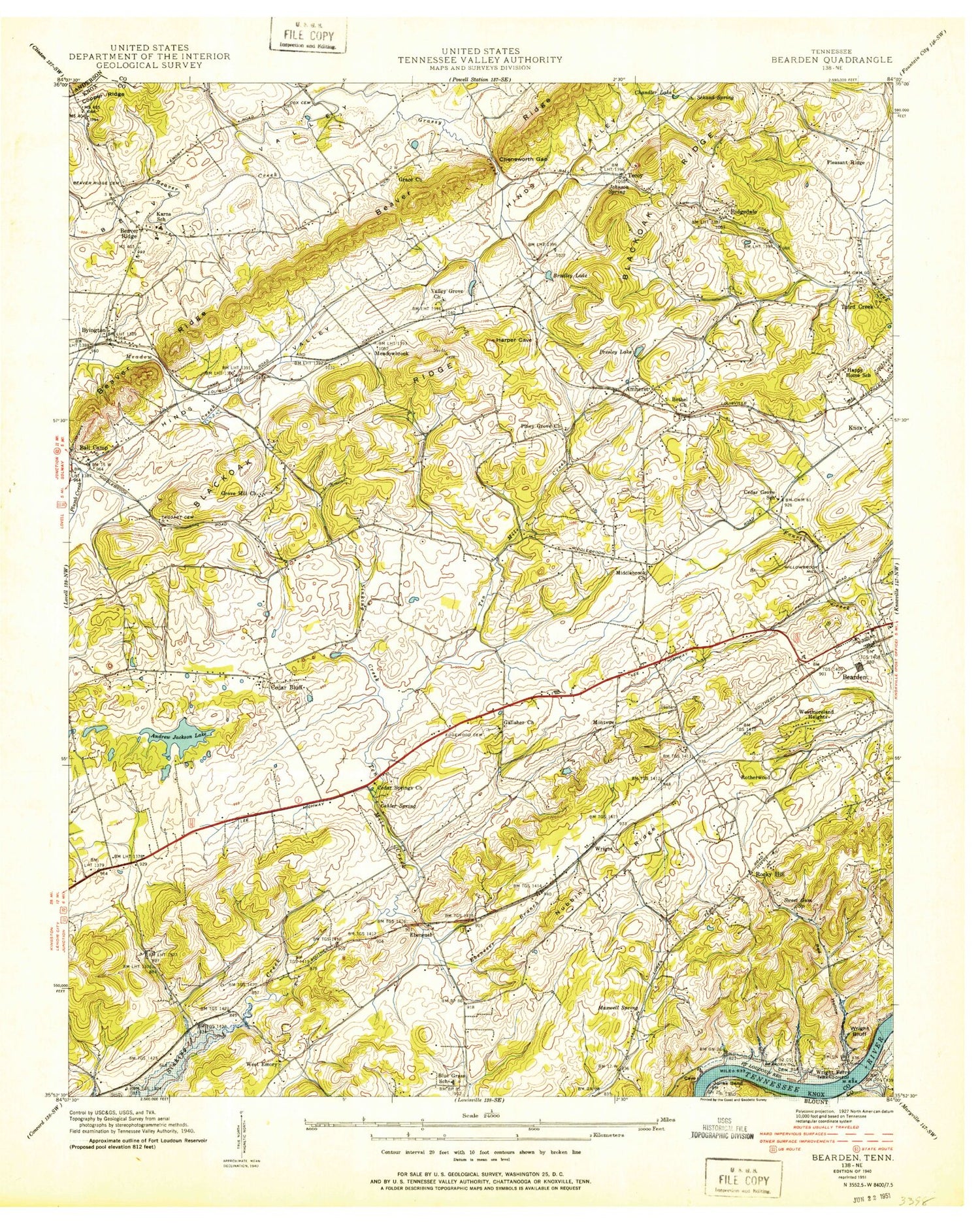 Classic USGS Bearden Tennessee 7.5'x7.5' Topo Map Image