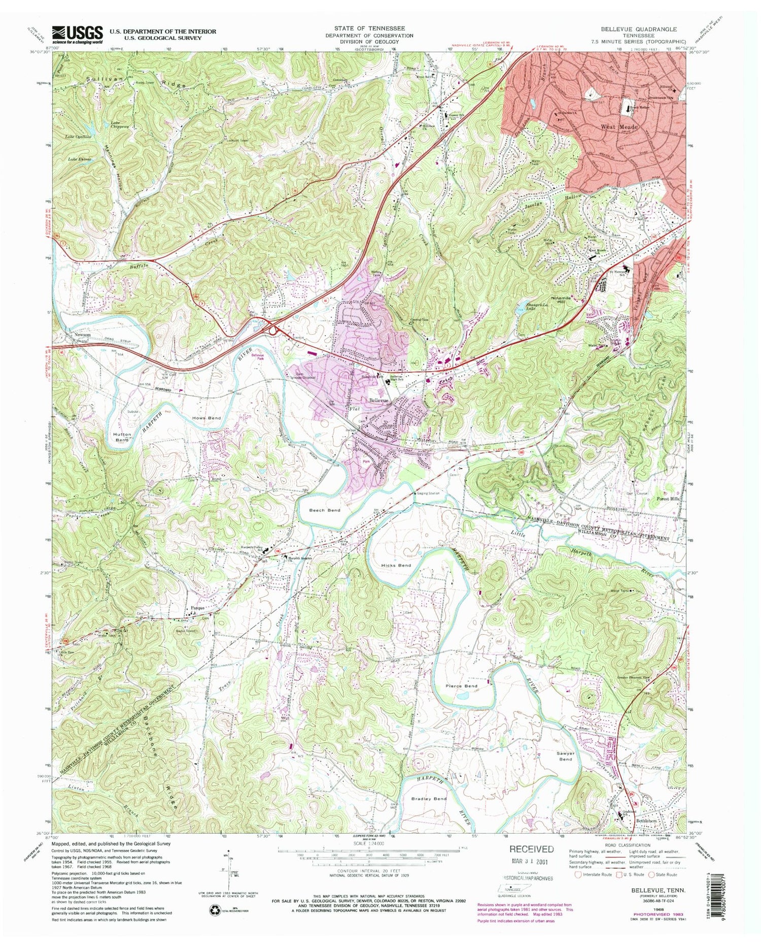 Classic USGS Bellevue Tennessee 7.5'x7.5' Topo Map Image