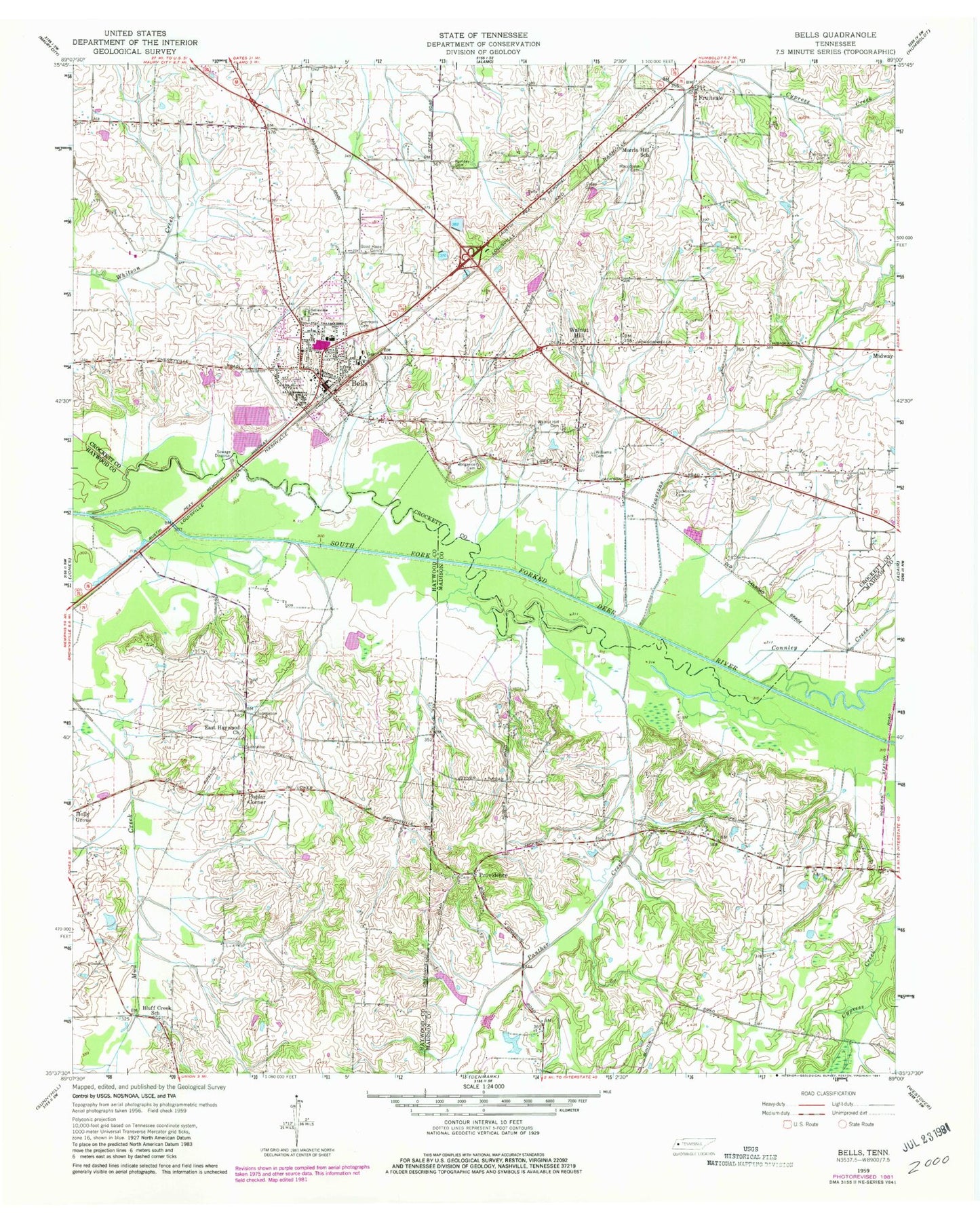 Classic USGS Bells Tennessee 7.5'x7.5' Topo Map Image