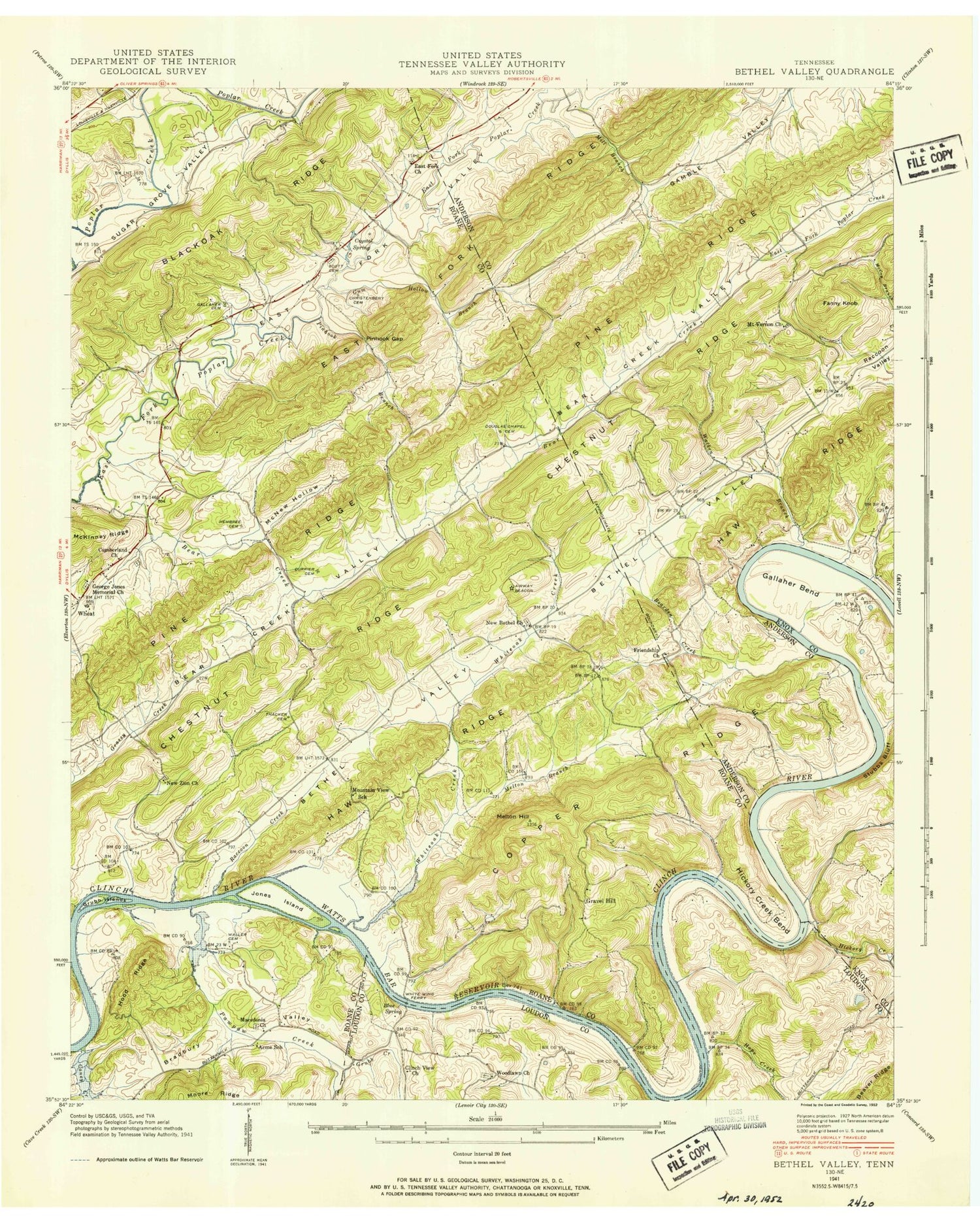 Classic USGS Bethel Valley Tennessee 7.5'x7.5' Topo Map Image