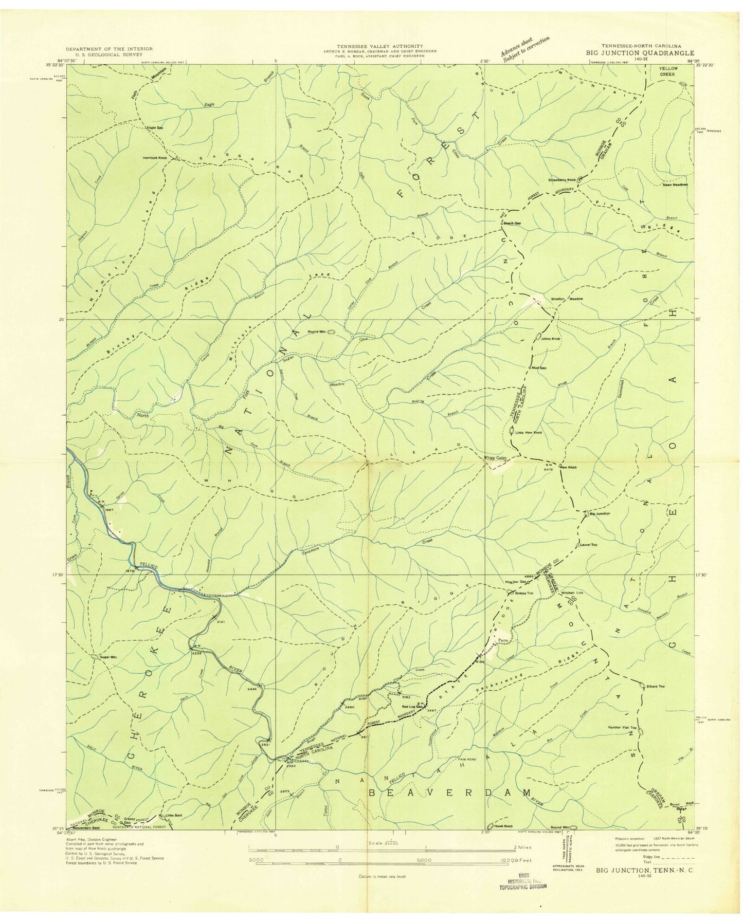 Classic USGS Big Junction Tennessee 7.5'x7.5' Topo Map Image