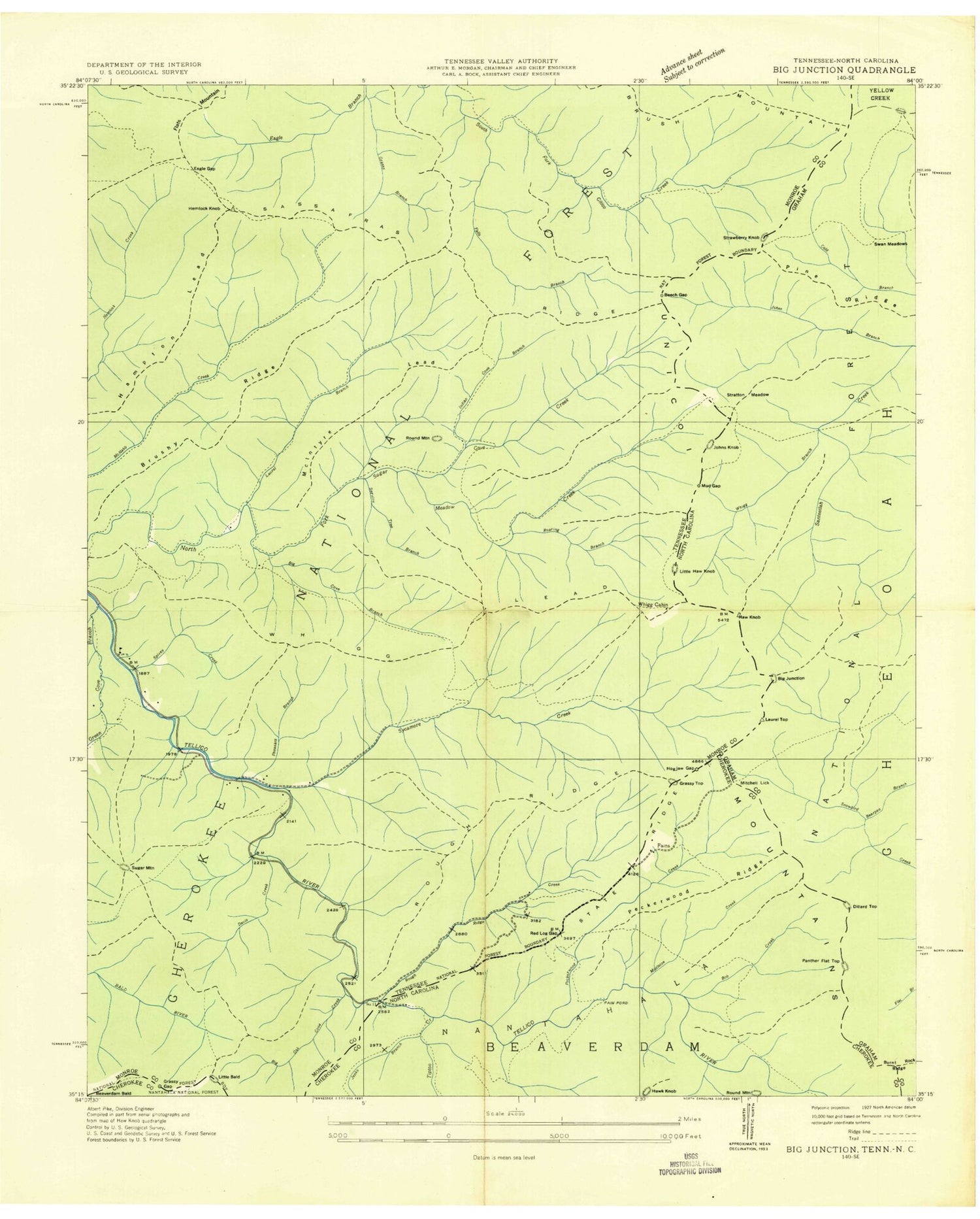 Classic USGS Big Junction Tennessee 7.5'x7.5' Topo Map Image