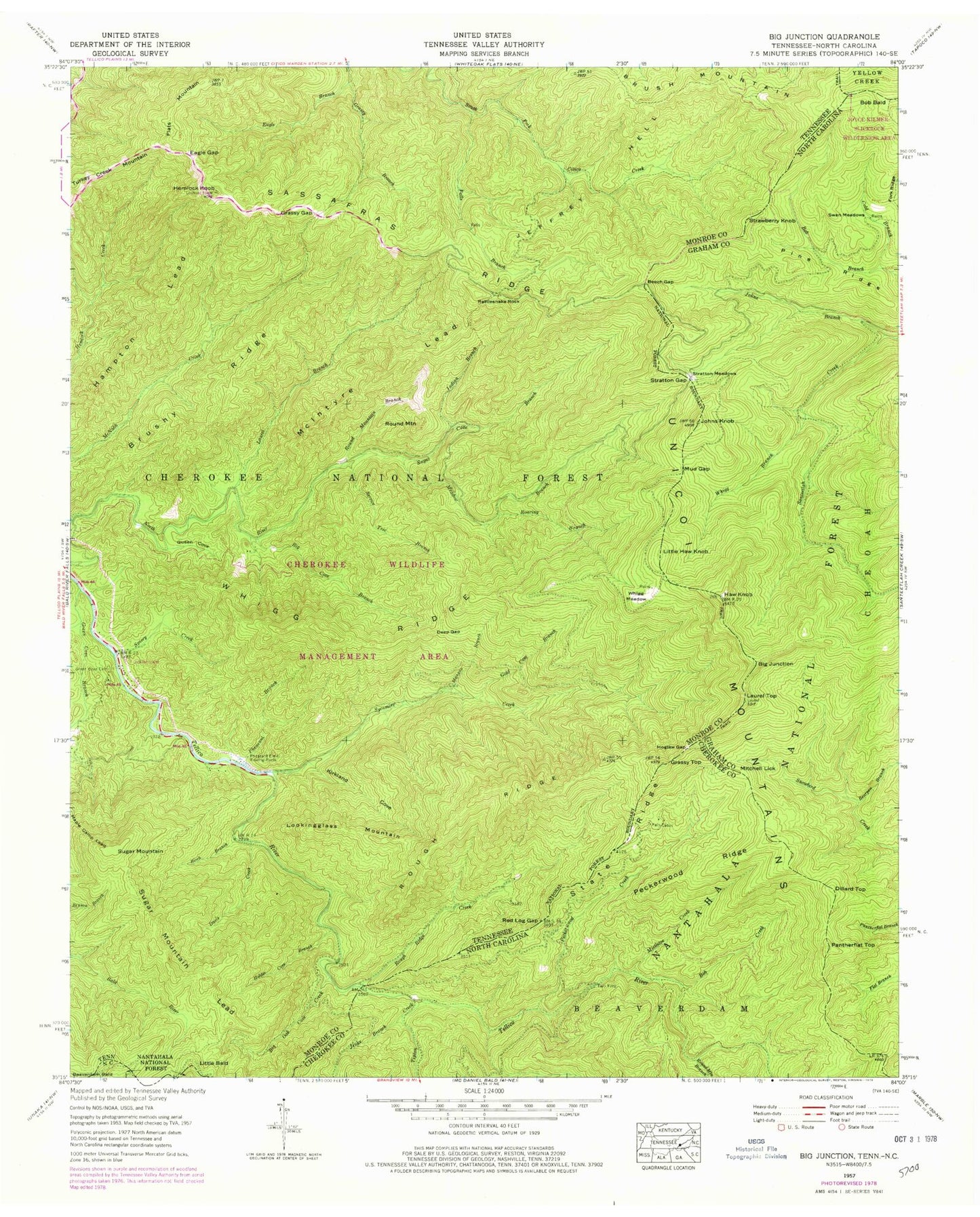 Classic USGS Big Junction Tennessee 7.5'x7.5' Topo Map Image