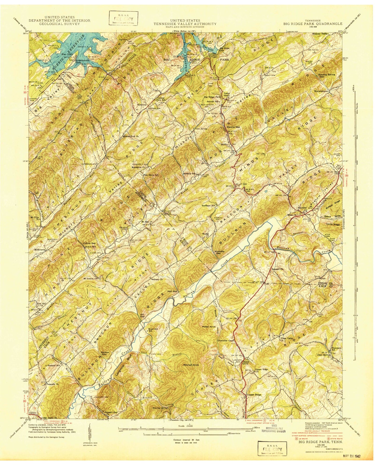 Classic USGS Big Ridge Park Tennessee 7.5'x7.5' Topo Map Image