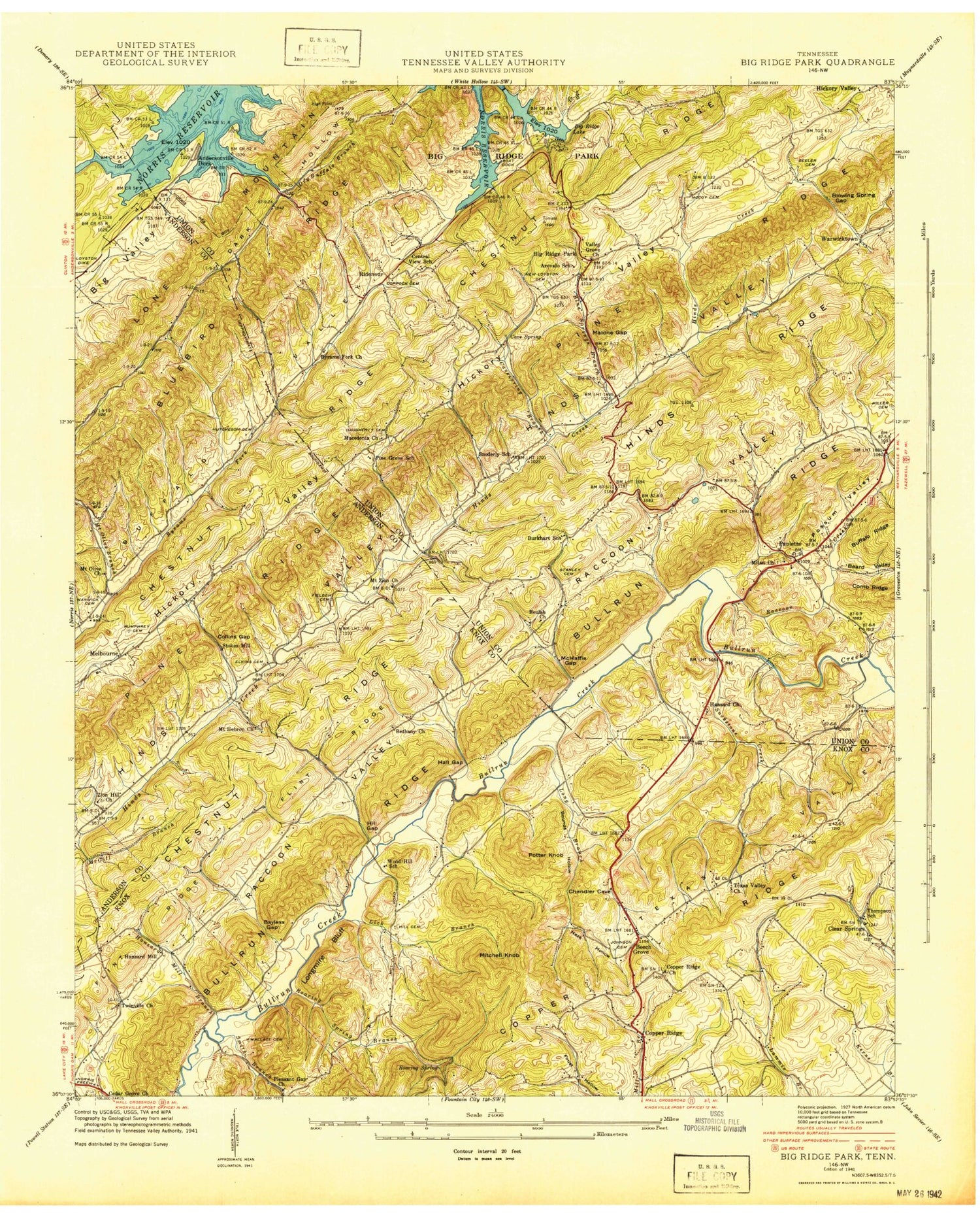 Classic USGS Big Ridge Park Tennessee 7.5'x7.5' Topo Map Image
