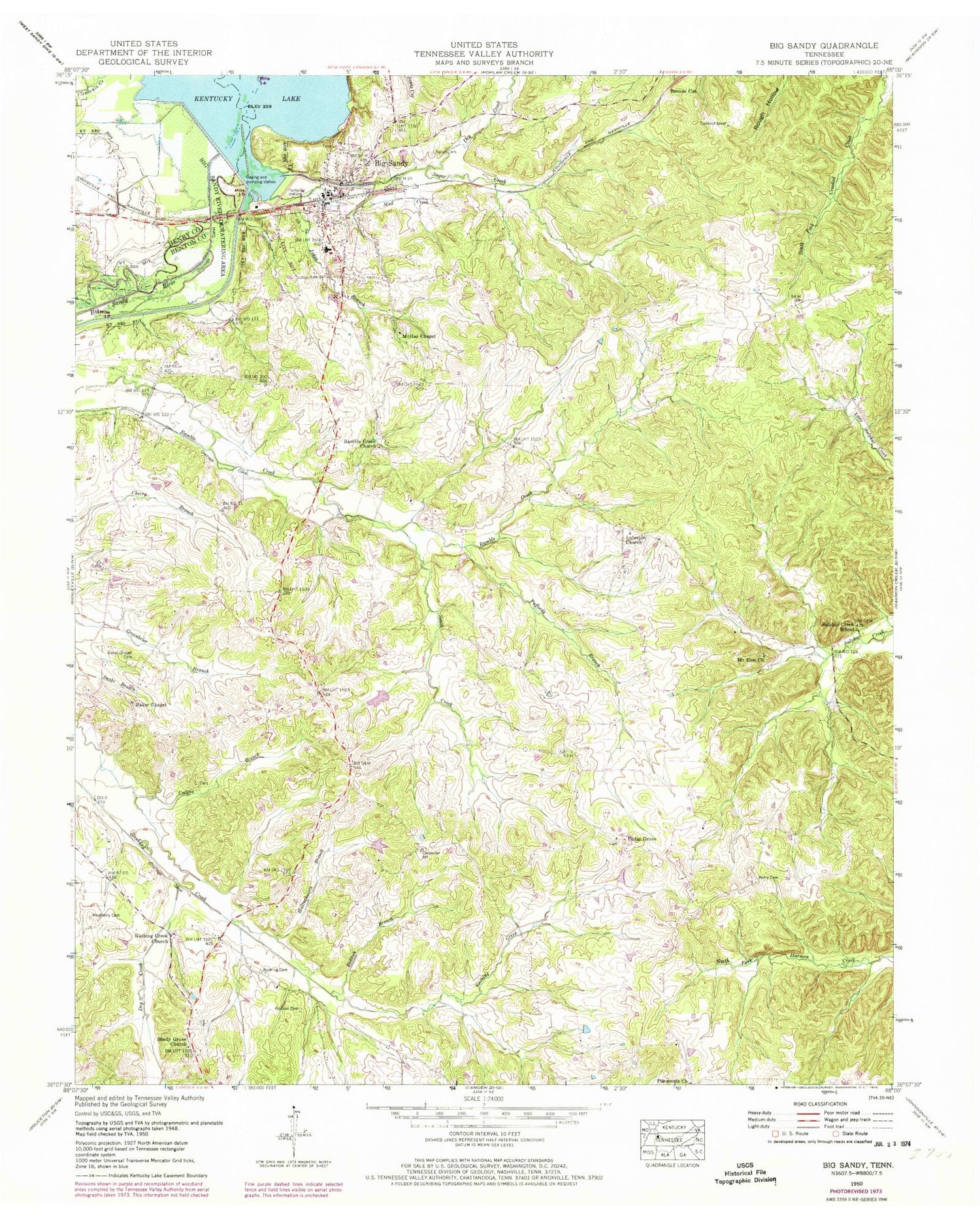 Classic USGS Big Sandy Tennessee 7.5'x7.5' Topo Map Image